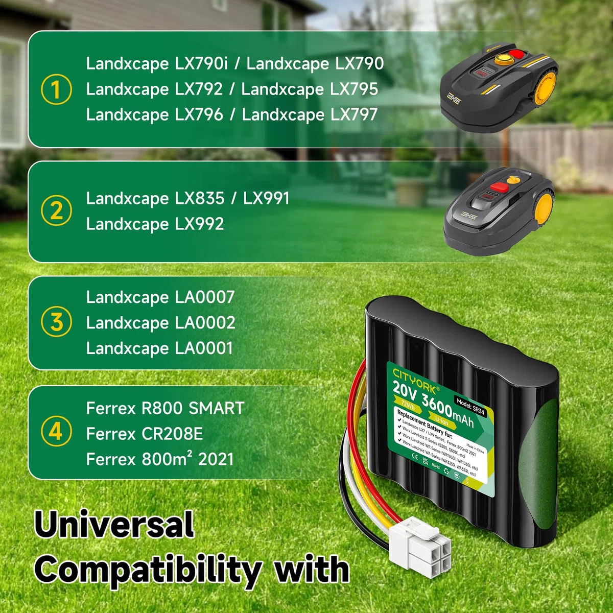 CITYORK Batteria di ricambio da 20 V per Landxcape LX790i LX790 LX792 LX795 LX796 LX797, per Landxcape LX835, LX991 LX992, per Ferrex 800 m² 2021 CR208E, R800 SMART, per Kress Mission KR1313135