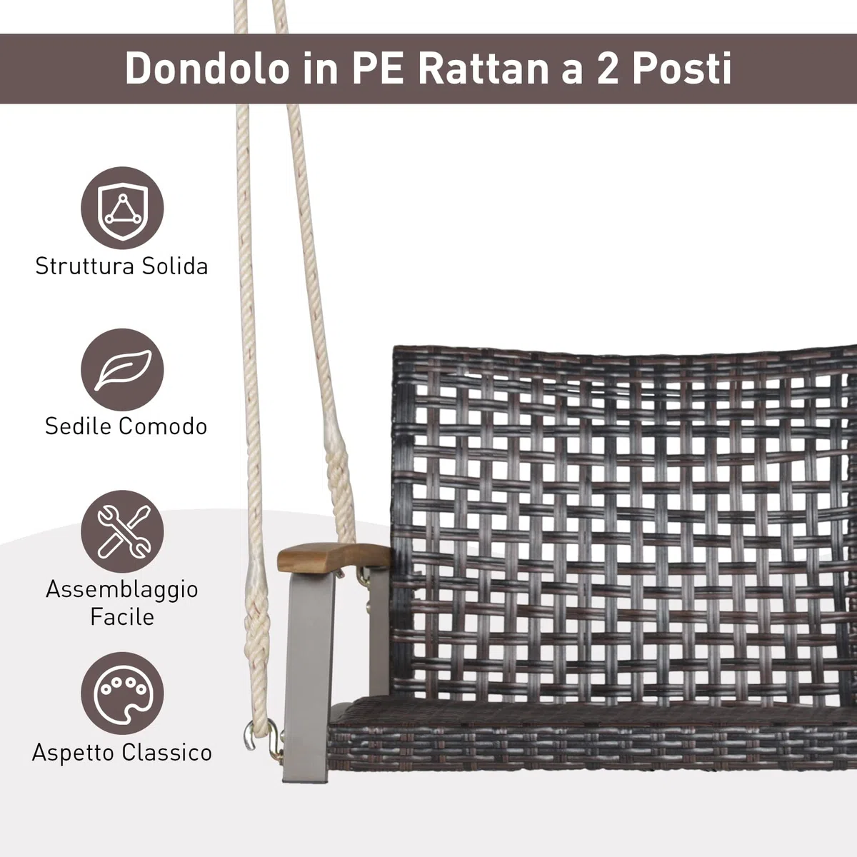 COSTWAY Dondolo Sospeso per Esterno a 2 Posti, Altalena da Giardino, Sedia Sospesada Gairdino con Braccioli, per Portico, Capacità di Carico di 360 kg