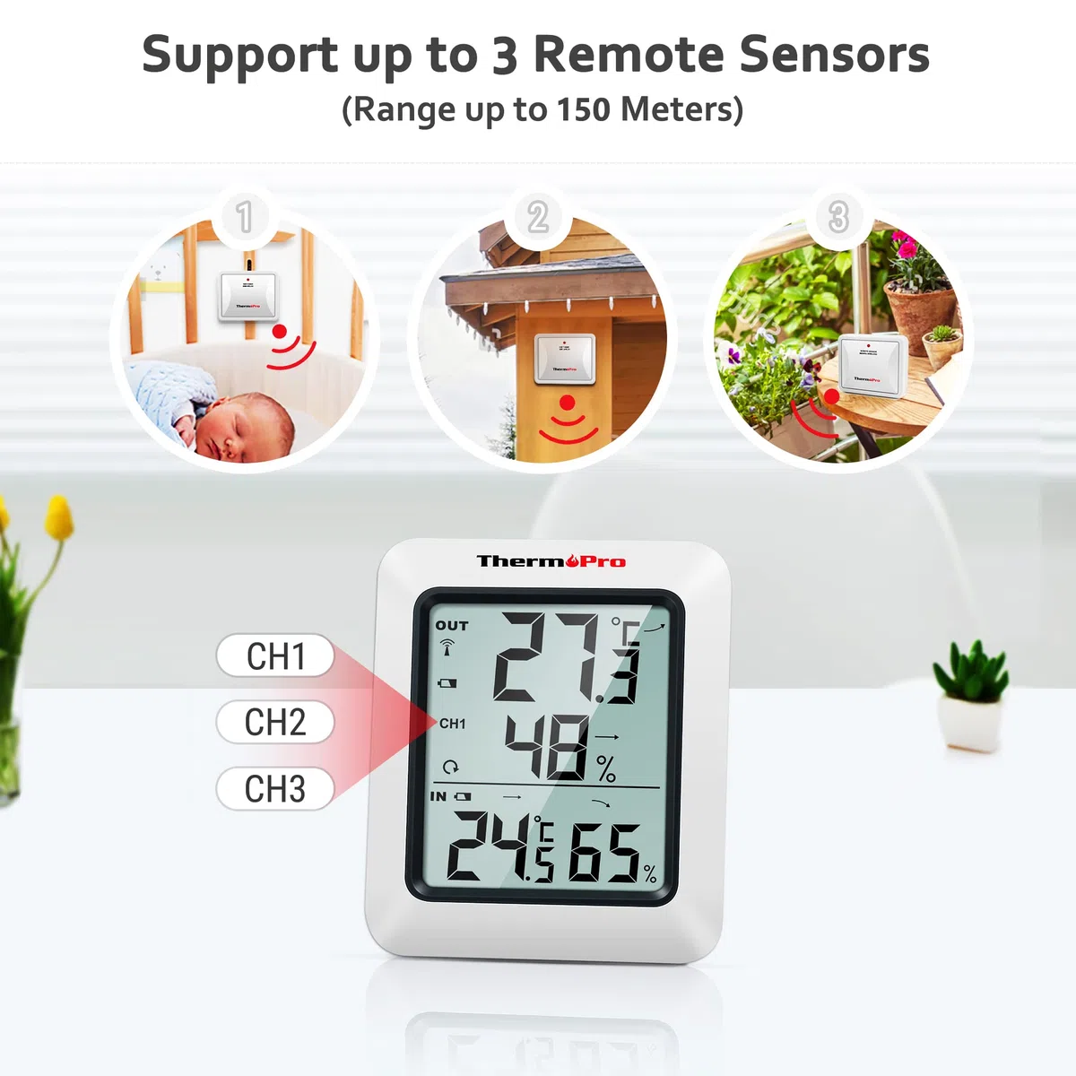 ThermoPro TP60S Termometro Ambiente Interno Esterno Digitale Wireless Trasmissione 60 Metri con Sensore Esterno Igrometro Misuratore di Temperatura e umidità per Casa Ufficio Scuola