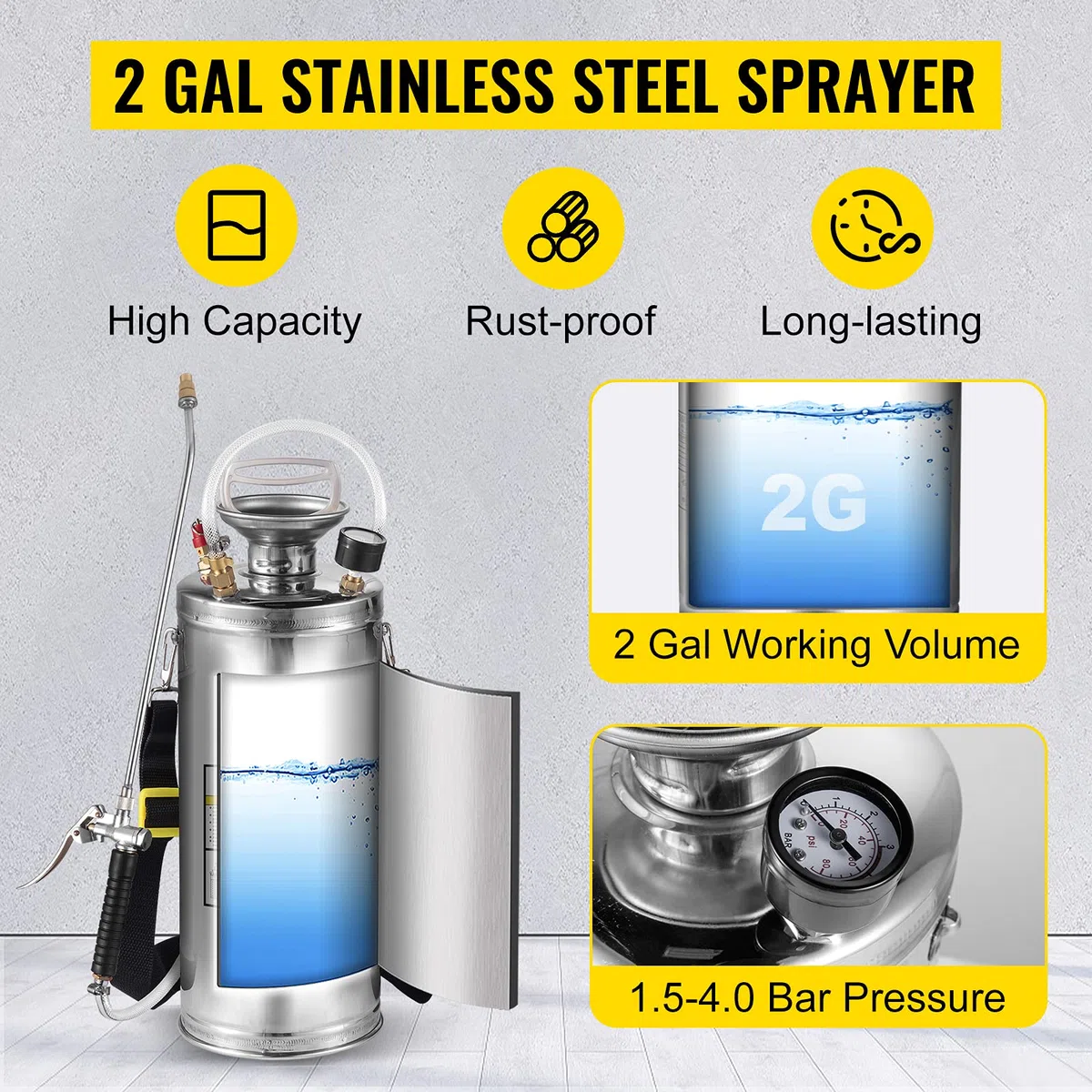 VEVOR 8L Spruzzatore INOX Giardino Nebulizzatore per Giardinaggio Domestico e Pulizia a Pavimento Adatto alle esigenze attuali dell'industria, dell'agricoltura, del commercio, della medicina ecc