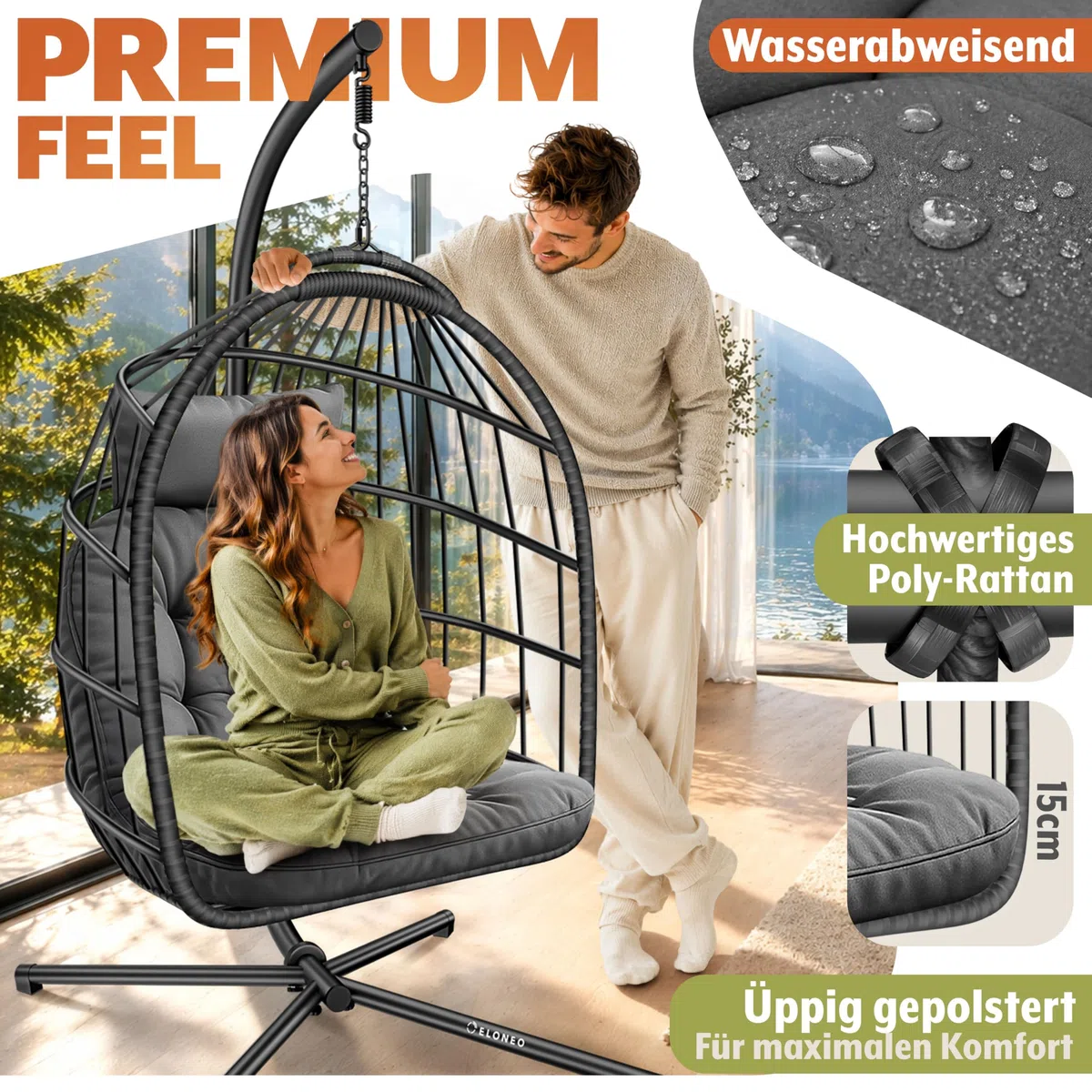 Sedia sospesa ELONEO con supporto e cuscino premium, sedia sospesa per esterno e interno con copertura, altalena sospesa per esterno con capacità di carico fino a 160 kg, hanging chair, antracite