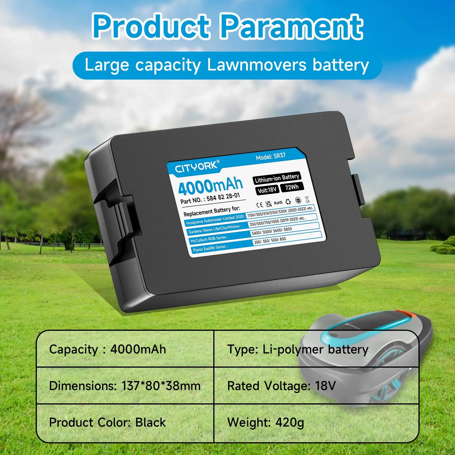 CITYORK Tosaerba Batteria per Gardena Sileno Smart City/Smart Life/Minimo: 250/500/750/1000/1250 (2019-2023), per Husqvarna Automower Limited Edition 2020: 115H 305 310 315 315X (anno 2020-2022)