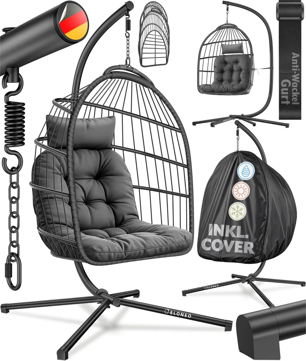 Sedia sospesa ELONEO con supporto e cuscino premium, sedia sospesa per esterno e interno con copertura, altalena sospesa per esterno con capacità di carico fino a 160 kg, hanging chair, antracite