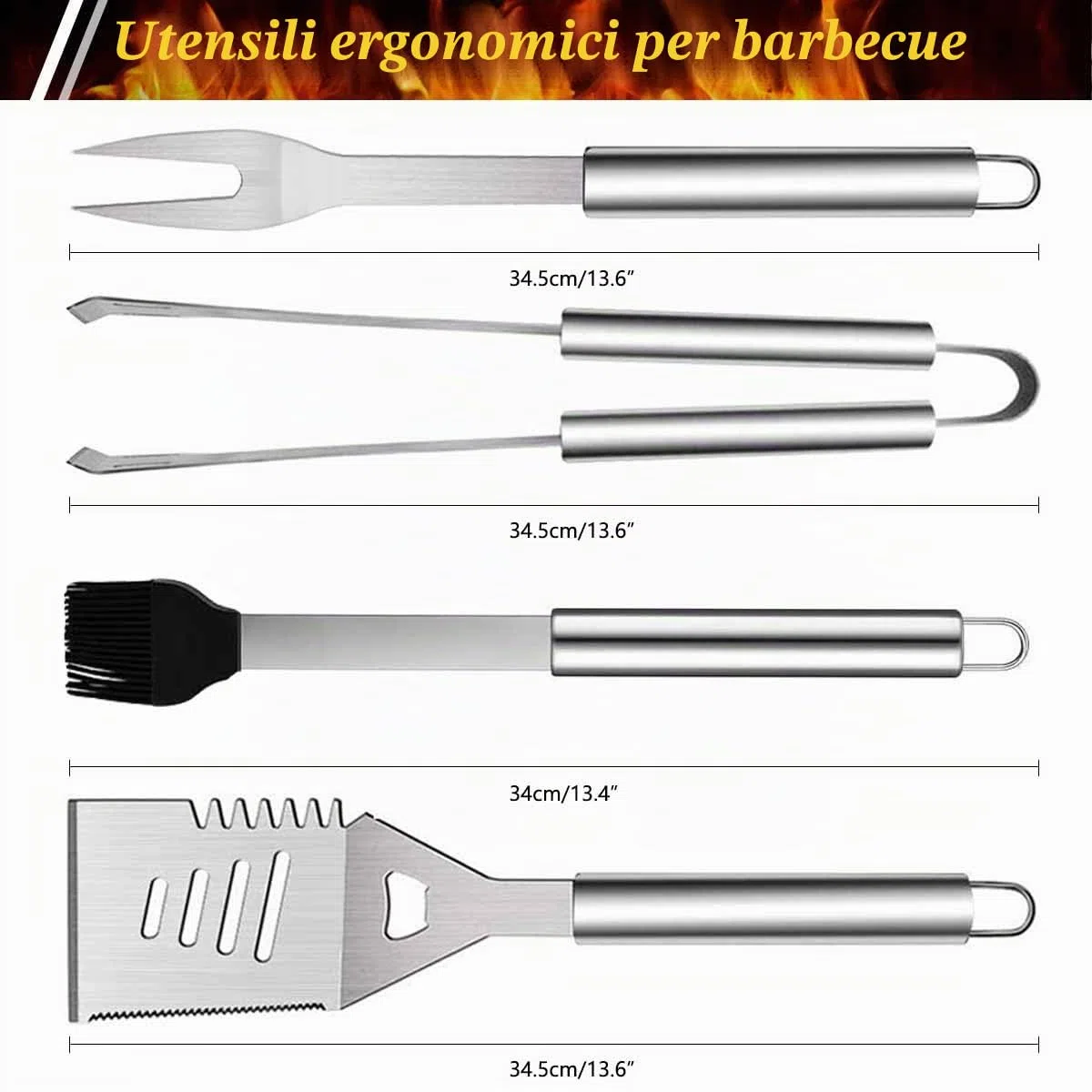 Set di 7 utensili per barbecue in acciaio inox, con borsa per il trasporto, spatola, pinze e forchetta, accessori per barbecue, cucina all'aperto e campeggio