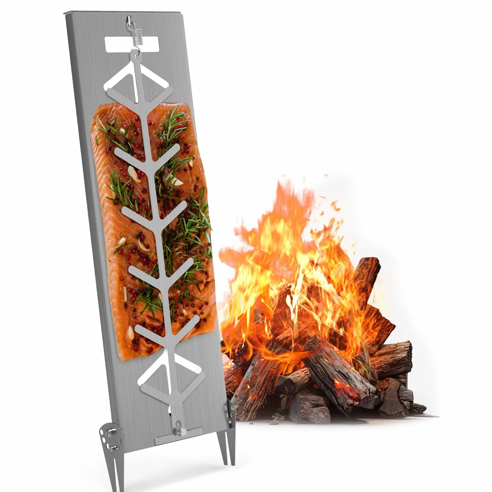Placca per Salmone in Acciaio Inox con Supporto-flammlachsbrett edelstahl–Piastra Inox per Barbecue e Braciere, Cottura Finlandese Salmone, Regolabile 7 Angoli, Lavabile in Lavastoviglie