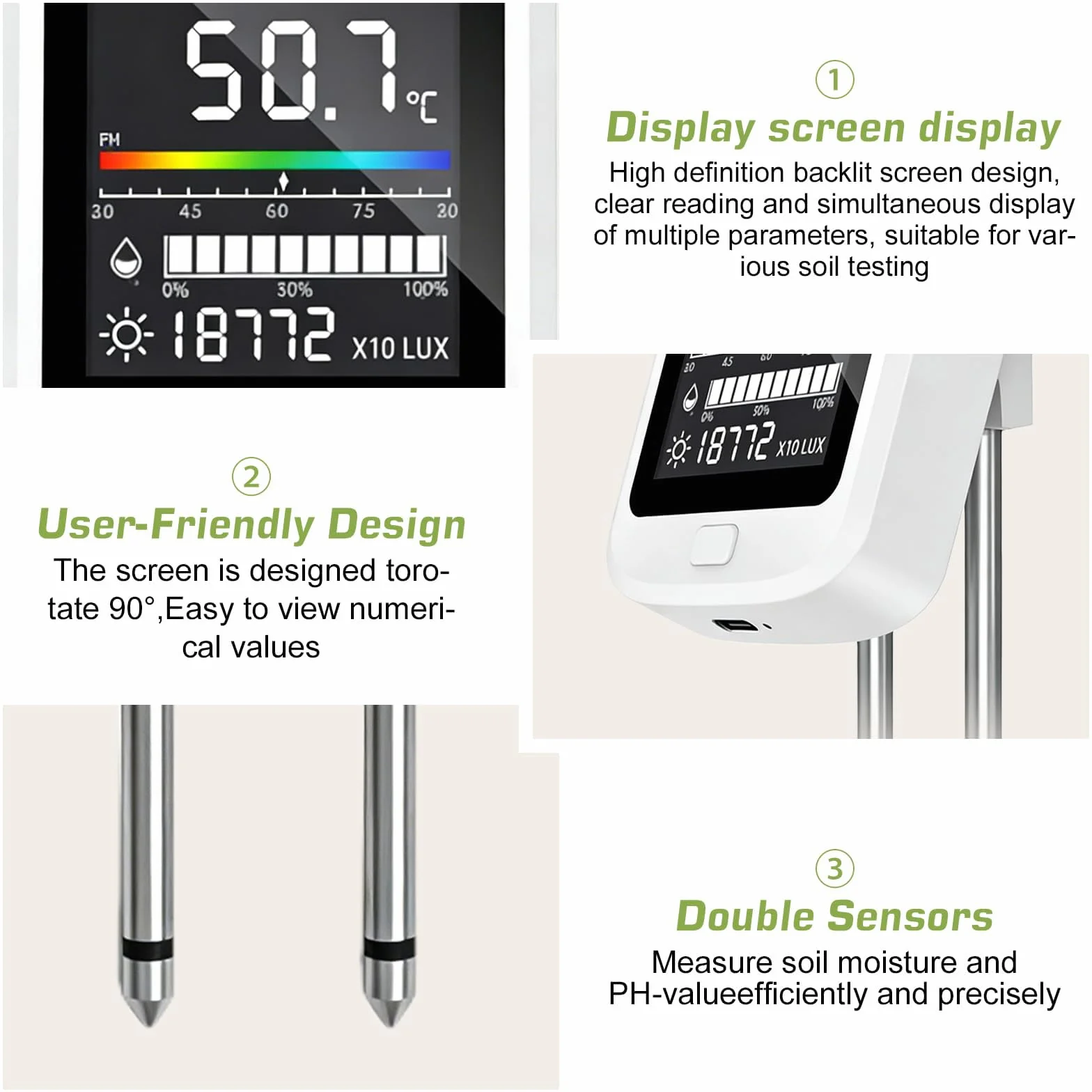 PH Terra, Misuratore di umidità 6 in 1, per piante digitali, misuratore di umidità per terreno con valore PH temperatura umidità luce fertilità per giardino, prato, agricoltura