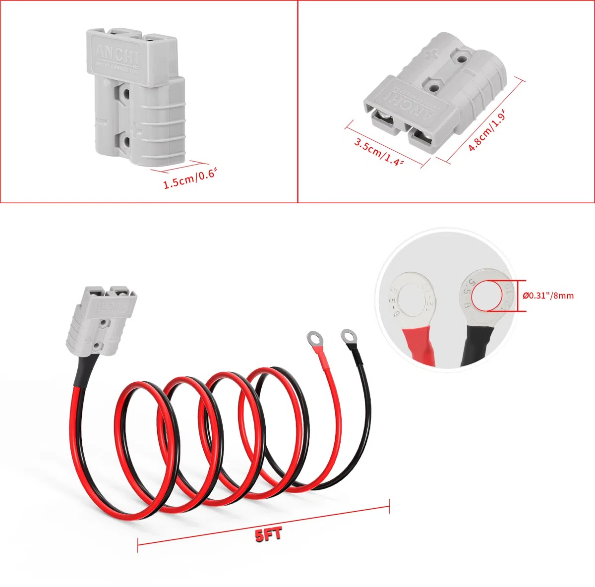 ELFCULB Anderson - Spina con cavo, 10 AWG Anderson da 50 A a O-ring, per auto, roulotte, barche, impianti solari (1,5 m)