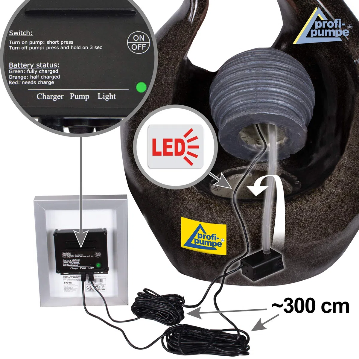 Fontana solare da giardino, fontana decorativa a energia solare, a cascata, da giardino, per terrazza, balcone (fontana solare con batteria agli ioni di litio, luce LED)