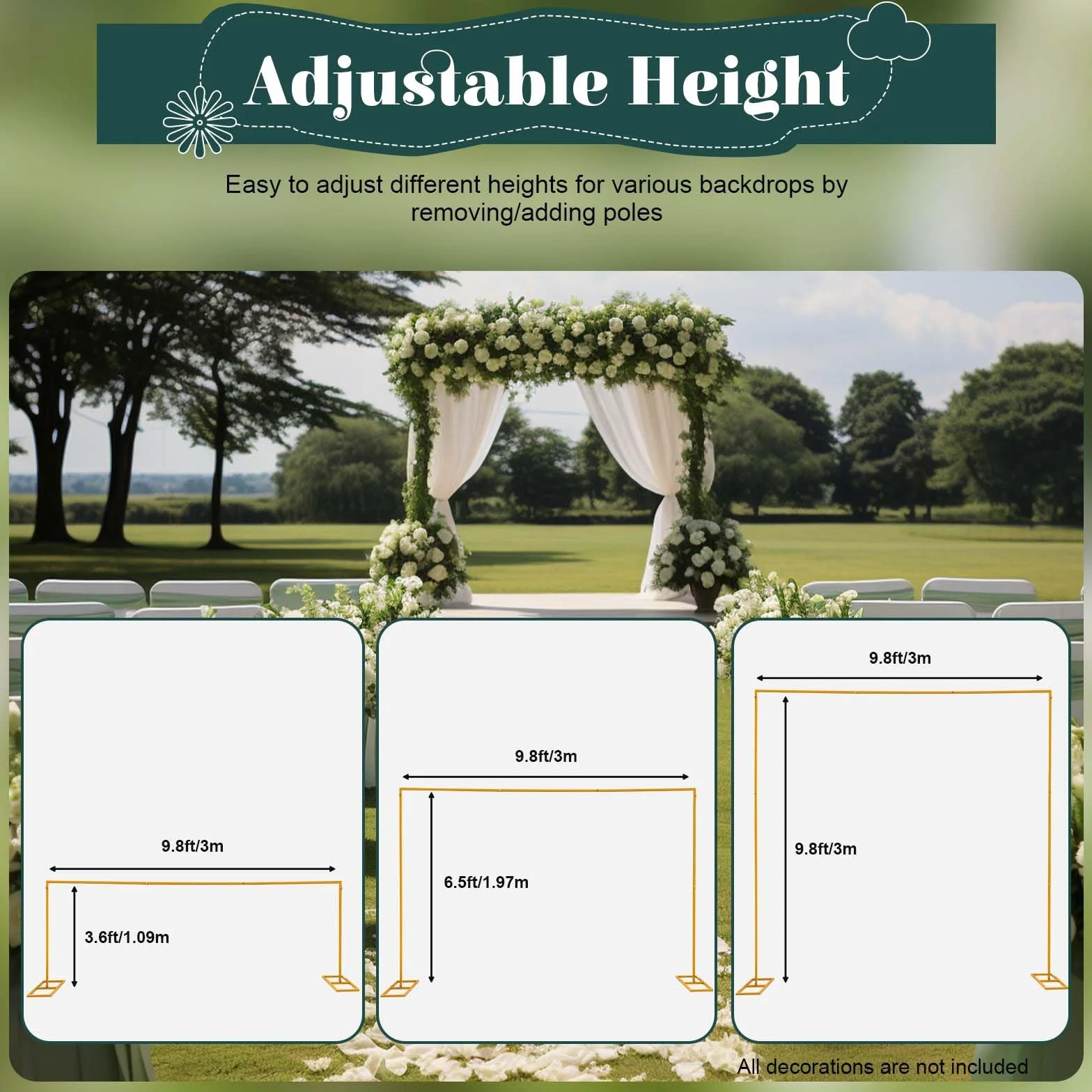 3 x 3 m arco di nozze quadrato cornice floreale supporto sfondo con bottone a farfalla oro metallo arco d'uva matrimonio con base per matrimoni, feste di compleanno, banchetti di laurea