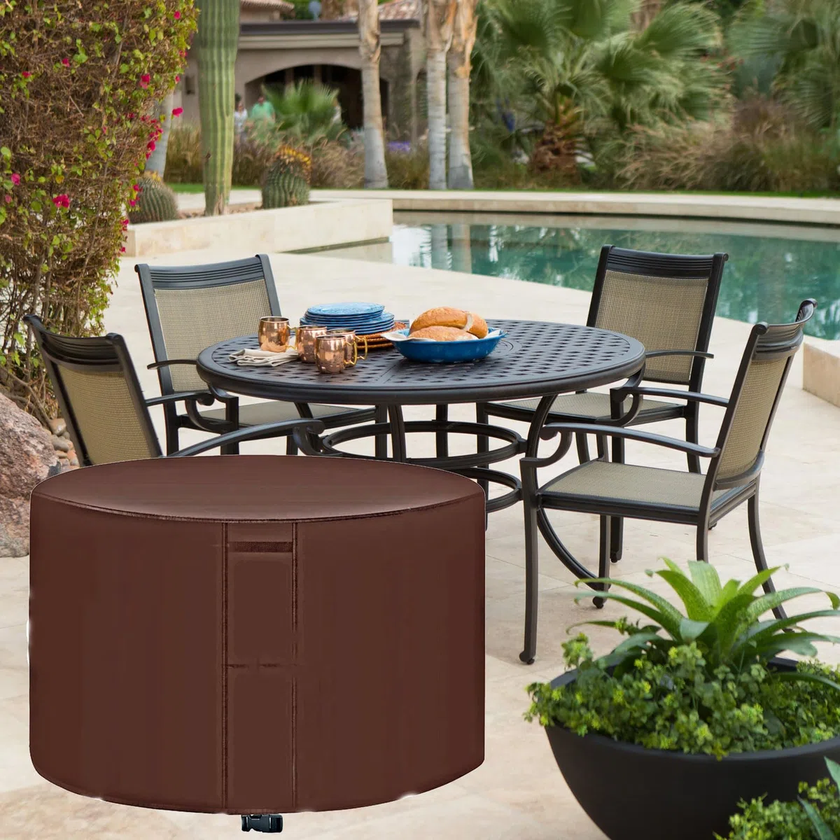 Copritavolo Da Giardino Rotondo Con Fori Di Ventilazione, Copertura Per Tavolo Da Patio Rotonda In Tessuto Oxford 420D, Coperture Per Mobili Da Giardino Impermeabili E Antivento (F 227cm/89in)