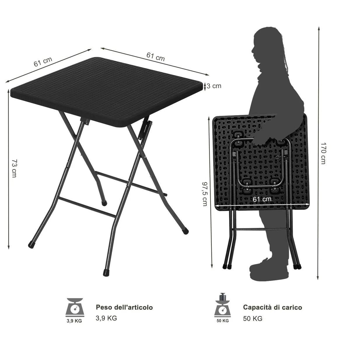 eSituro Tavolo Pieghevole da Balcone, 61x61x73cm, Tavolino da Esterno in Stile Rattan, Tavolo Richiudibile Salvaspazio con Struttura in Metallo, per Giardino, Terrazza, Nero