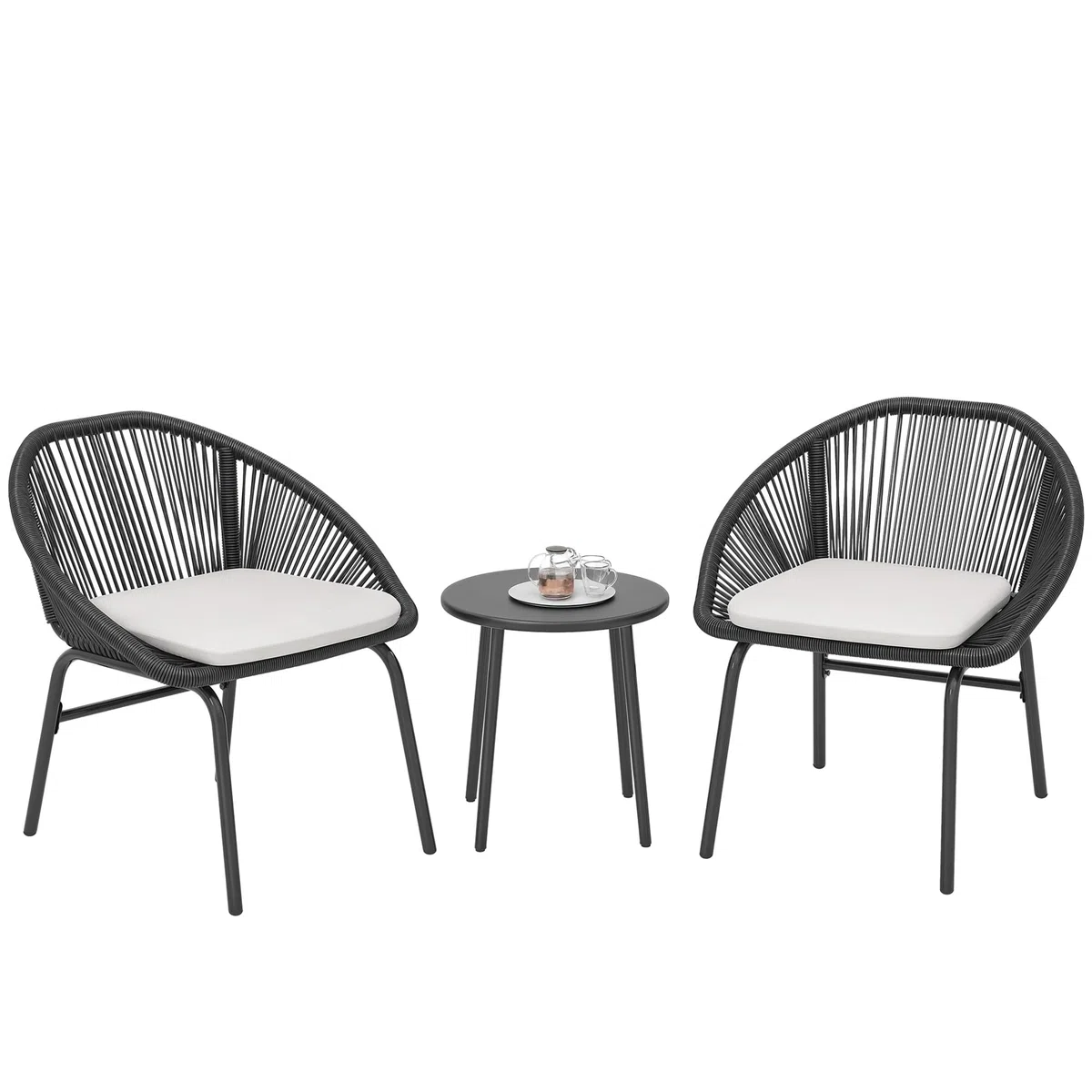 Outsunny Set da Giardino 3 Pezzi Tavolo e Sedie da Balcone Nero | Salotto da Giardino, 2 Sedie con Cuscino, Tavolino Acciaio Rattan PE, Terrazza