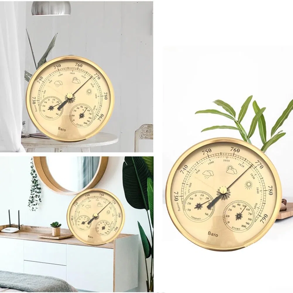 Zilimontt Barometro analogico con termometro e igrometro, stazione meteo 3 in 1 per interni ed esterni, telaio in acciaio inossidabile (oro), design orientato all'utente per una facile lettura