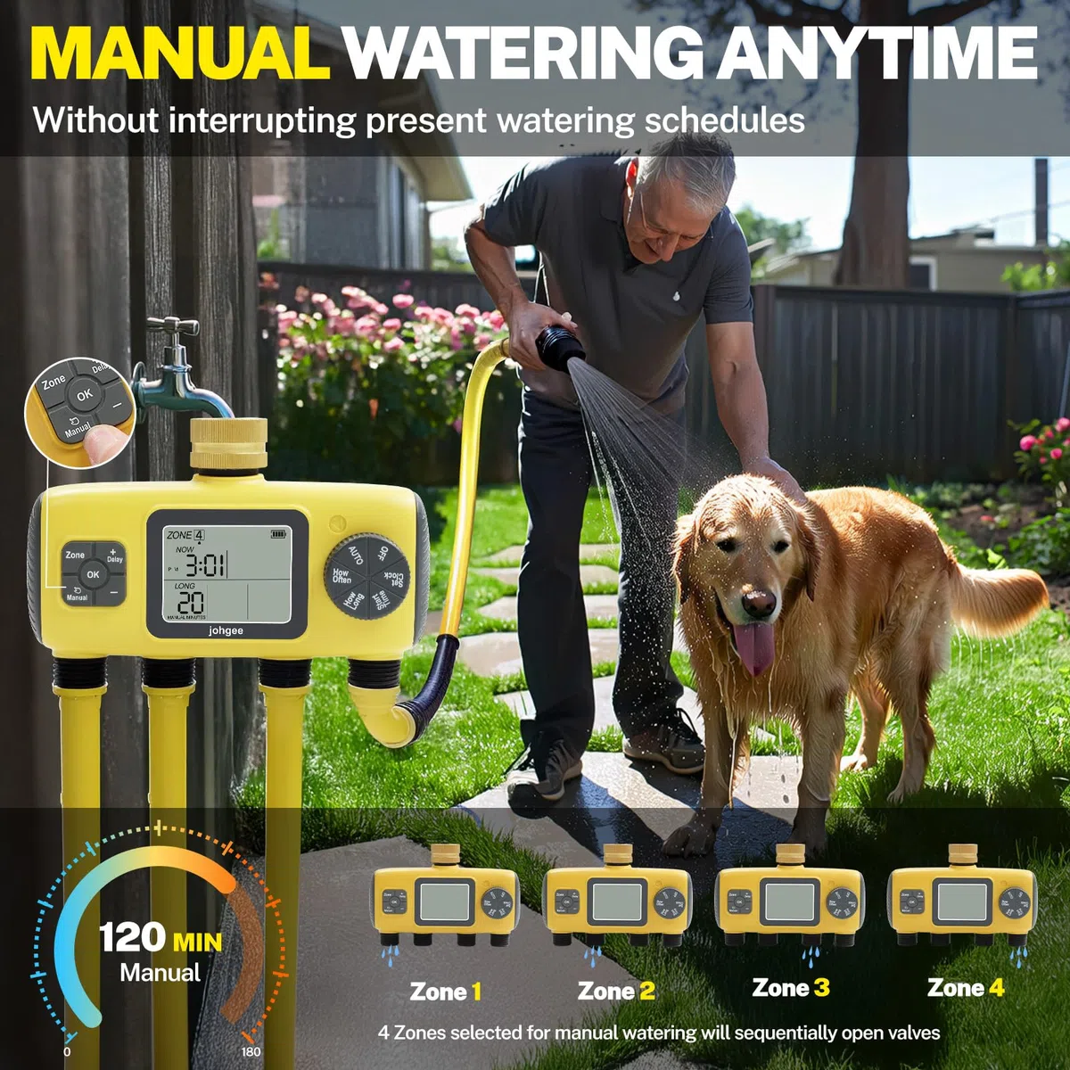 Johgee Centralina Irrigazione 4 vie, con Ingresso in Ottone, 4 Vie Timer Irrigazione Automatica Digitale Ritardo per Pioggia/Bewässerung Manuale, Programmatore Irrigazione per Prato e Giardino