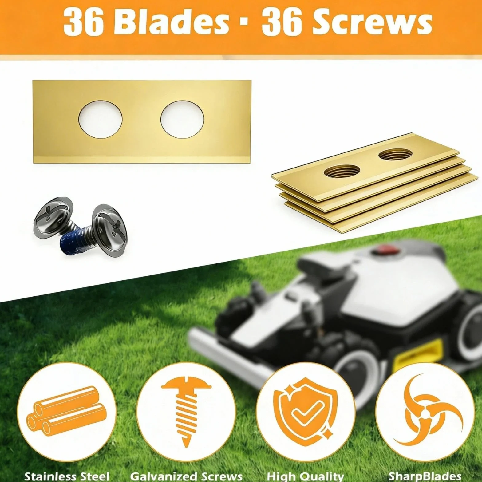 36 Lame di Ricambio per Mammotion Luba, Luba 2, Luba 3, Yuka, Luba Mini & Yuka Mini, Lame in Acciaio Inossidabile Rivestite in Titanio 0,9 mm con Viti, Rondelle, Scatola di Conservazione