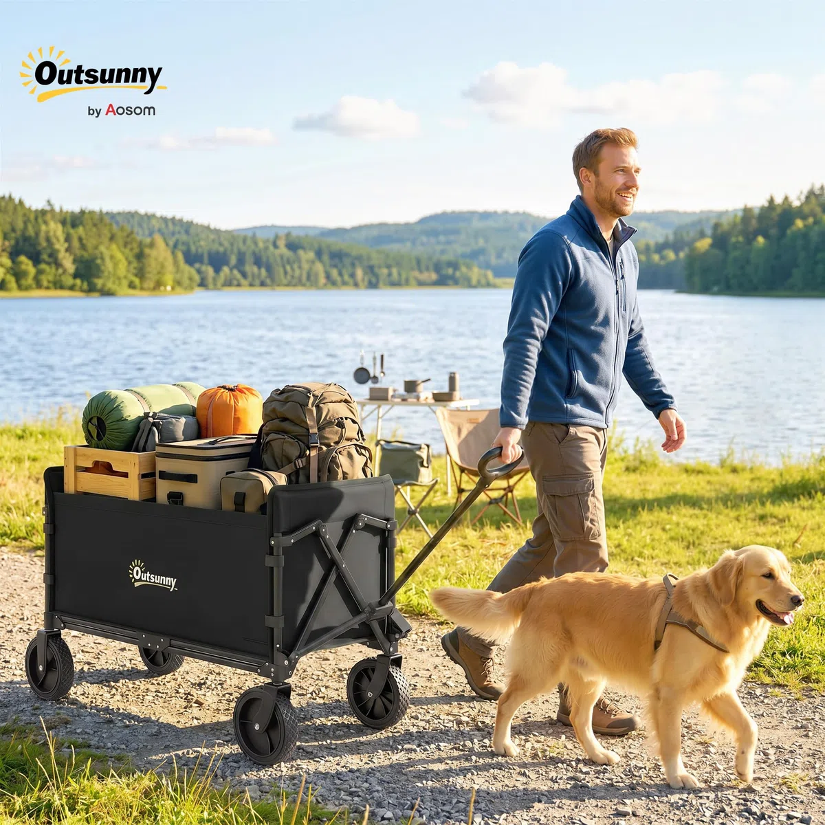Outsunny Carrello da Giardino da 180L con 4 Ruote Girevoli, Carrello Spiaggia Pieghevole in Acciaio e Tessuto Oxford con Sacca Portaoggetti e Maniglia Girevole e Regolabile, 90x48x62 cm, Nero