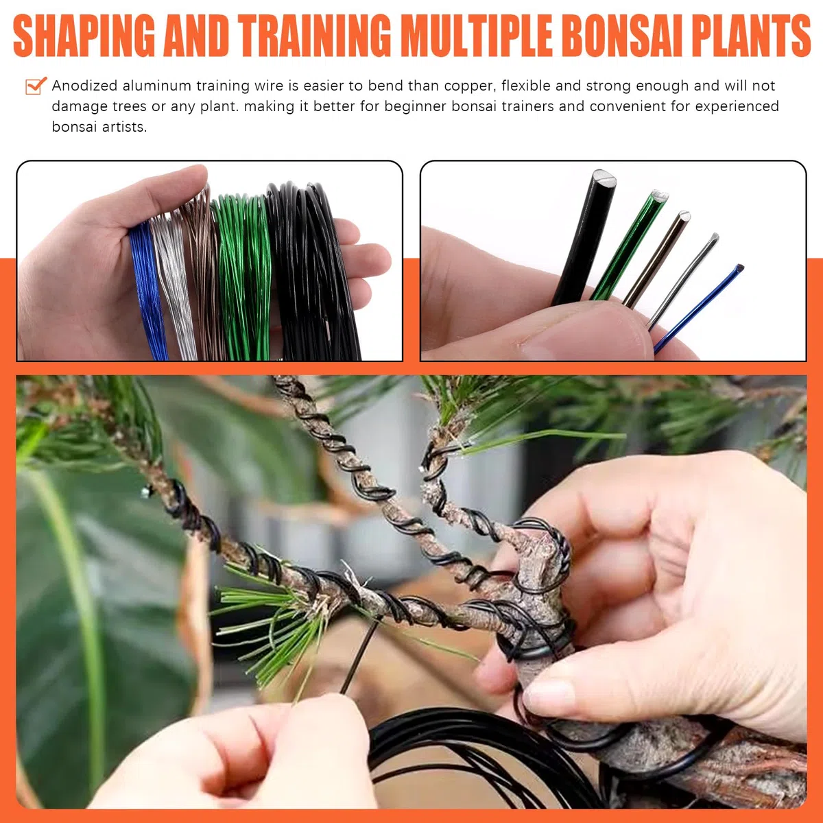 Tanstic Kit di 6 fili per bonsai da 0,8 mm, 1 mm, 1,5 mm, 2 mm, 3 mm, in alluminio, per bonsai in totale, con tronchese, per bonsai da interni (5 metri per ogni rotolo)