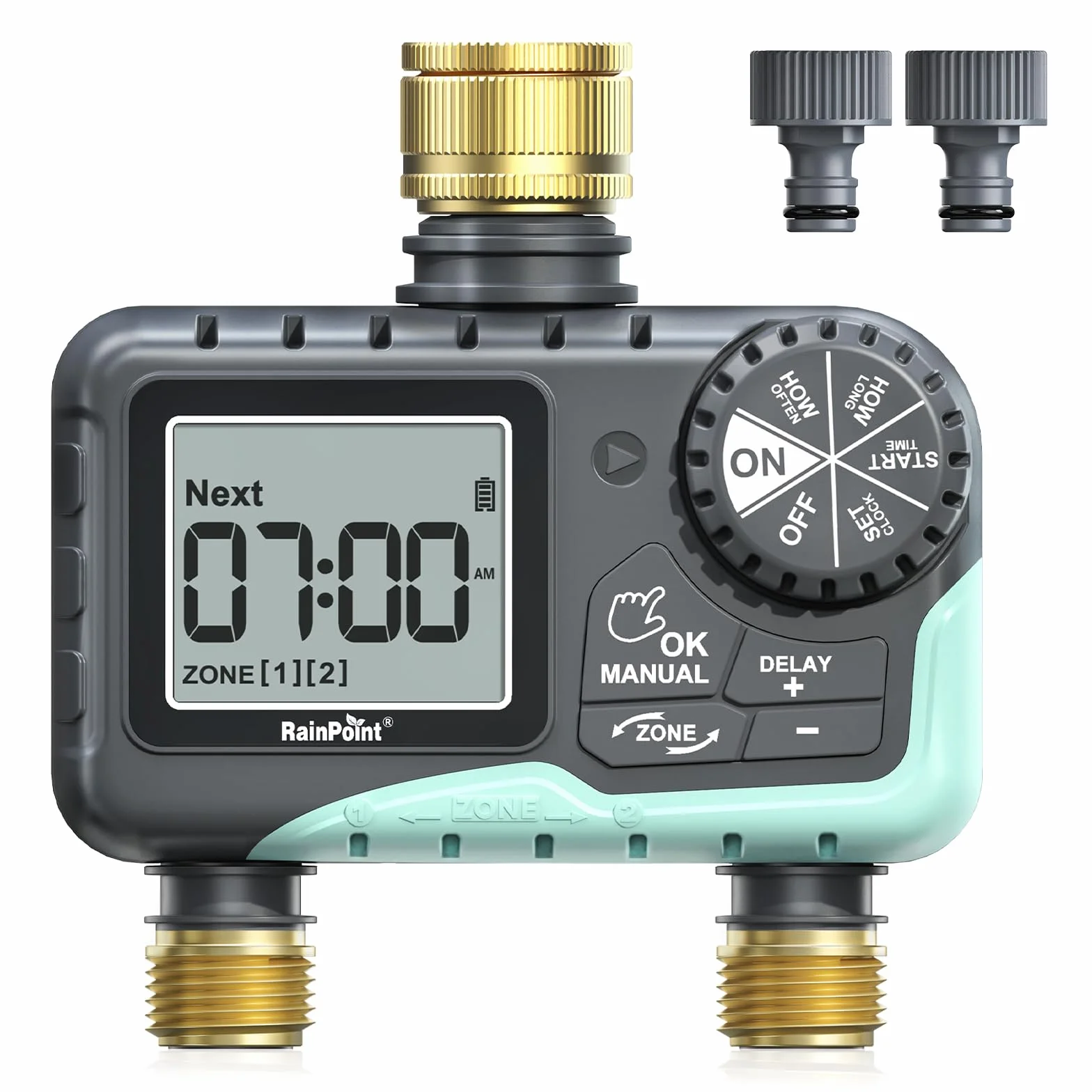 RAINPOINT Centralina Irrigazione 2 Vie, Ingresso e Uscita in Ottone, Timer Irrigazione Automatica Impermeabile IP65 con Ritardo per Pioggia/Bewässerung Manuale, per Prato e Giardino