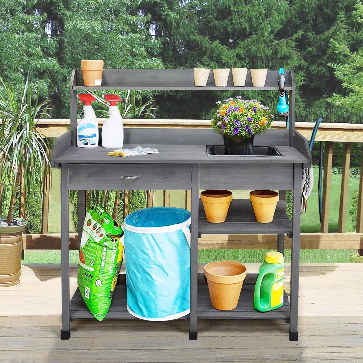 Yaheetech Tavolo Lavoro da Giardino per Piante in Legno con Lavandino Rimovibile Cassetto Spazioso Ganci Armadietto Banco per Giardinaggio Grigio