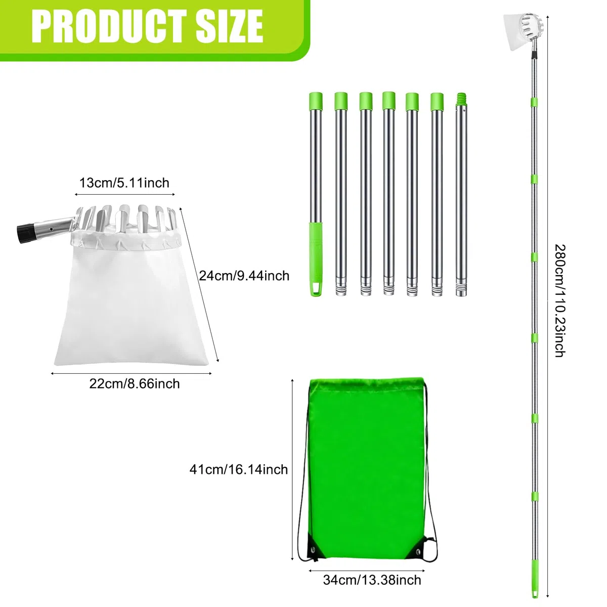 Raccogli Frutta,Raccogli Frutta con Palo in Acciaio Inox Leggero,2.8m Raccoglitore di Frutta,Diametro 13 cmMela Raccoglitrice,Raccogli Frutta da Albero con Testa a Cestello,Raccogli Fichi