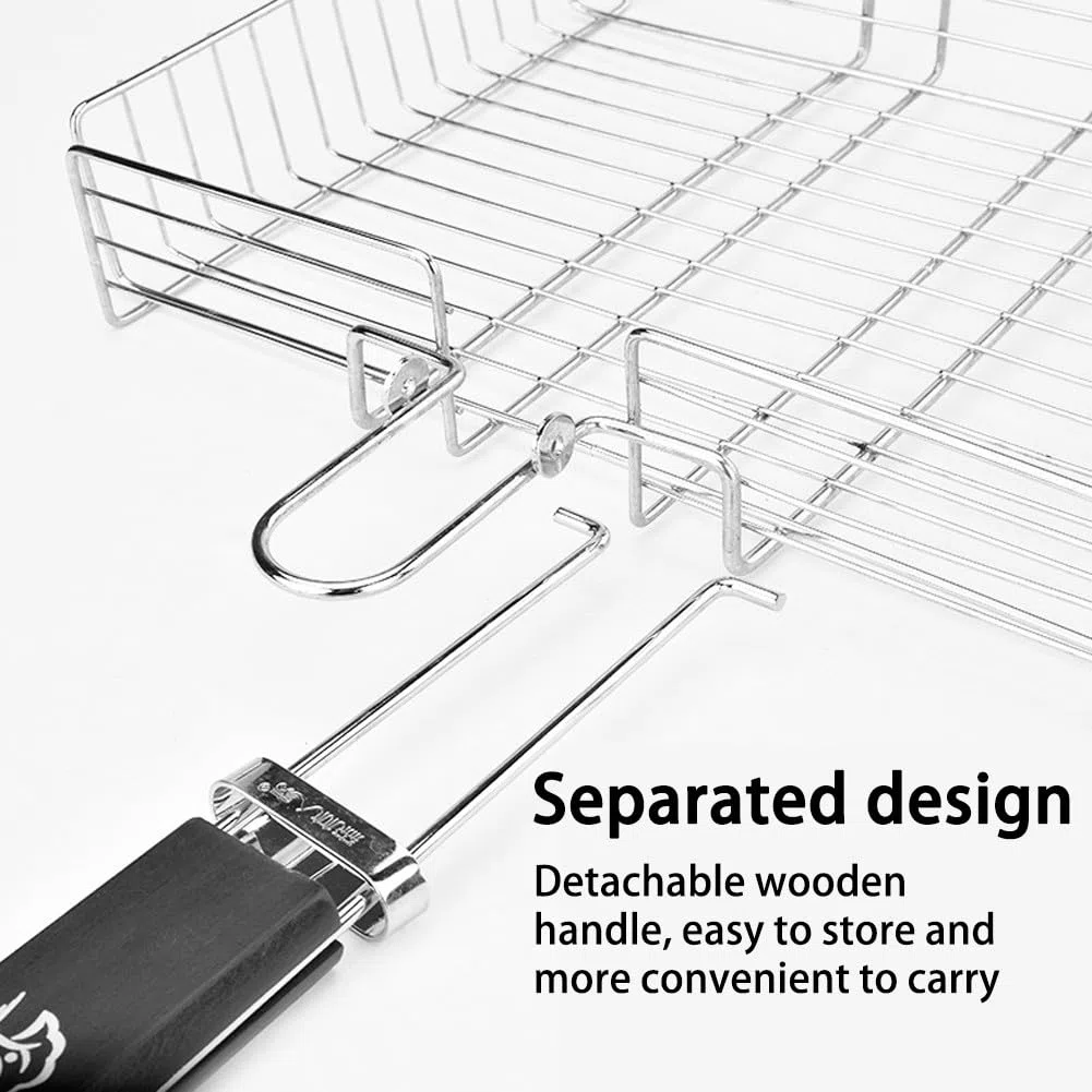 Cestino pieghevole in acciaio inox per barbecue con manico rimovibile, rete portatile per barbecue per campeggio e cucina all'aperto, 64,5 x 31 x 5 cm