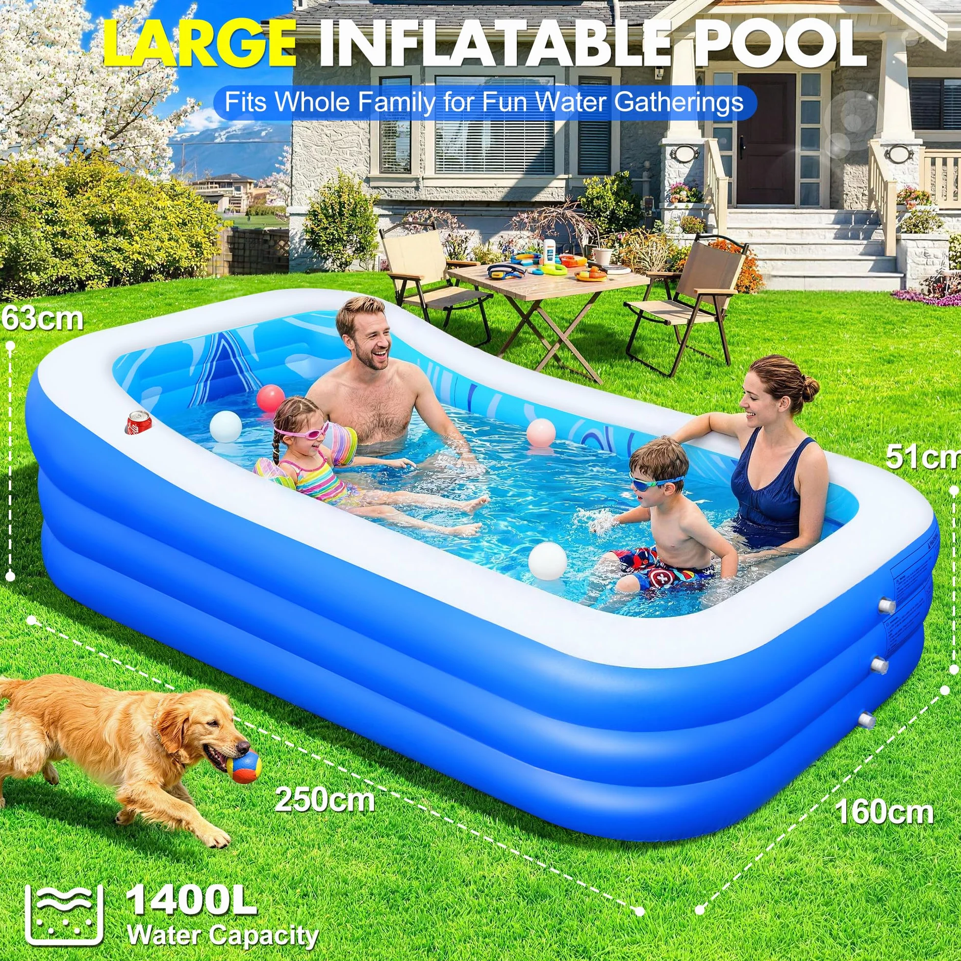 LuxBlue Piscina Gonfiabile Adulti, Piscine Gonfiabili per Famiglie con Seduta e Schienale, 0.5mm Ispessito Grande Piscina Gonfiabile Rettangolare, 250*160*63cm Piscinas Gonfiabili Giardino Terrazzo