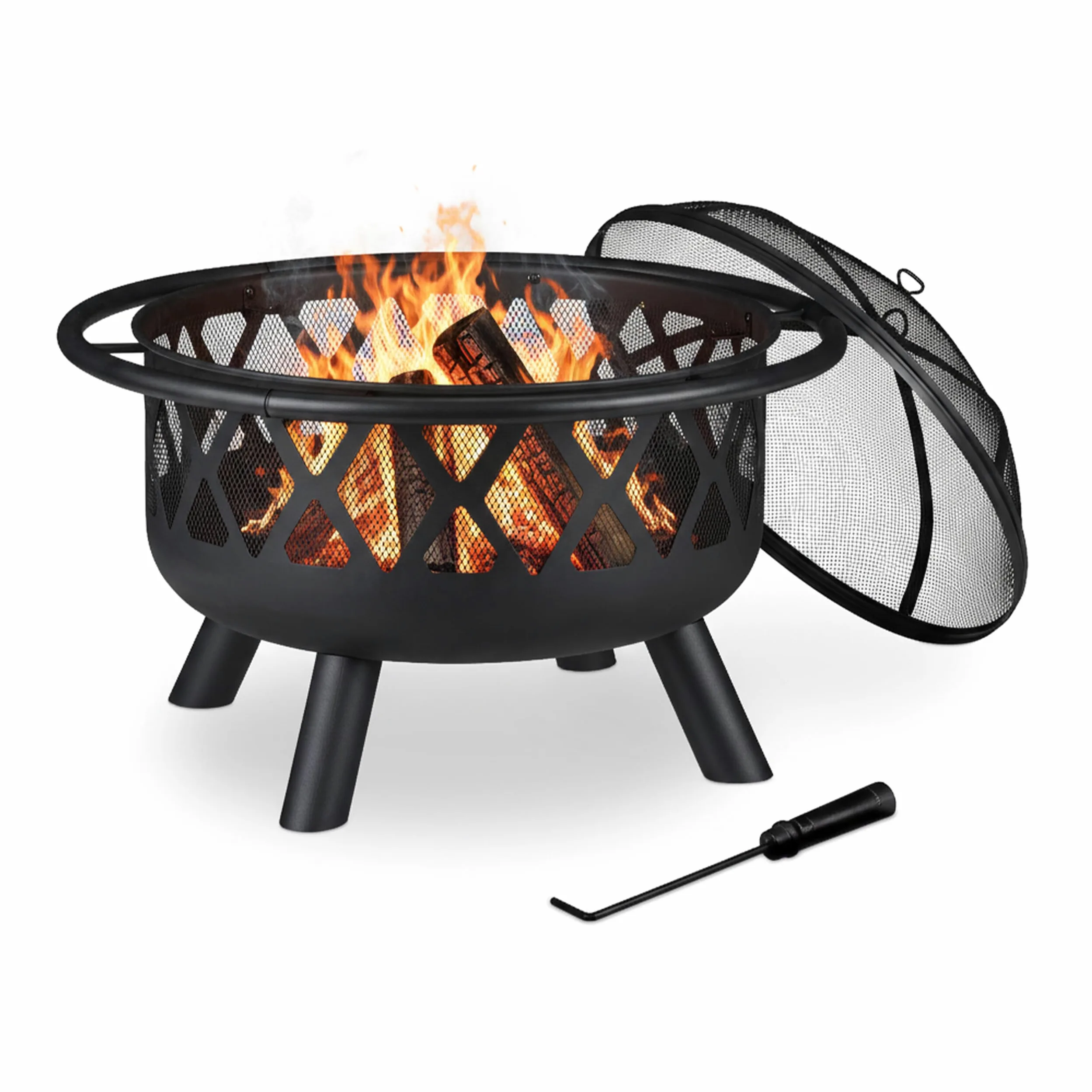 Relaxdays Braciere con Protezione Parascintille, D:75 cm, Giardino & Terrazza con Attizzatoio, Camino da Esterno, Nero