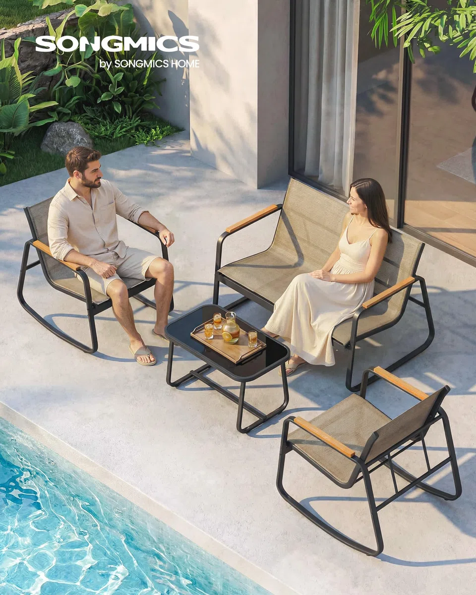 SONGMICS Set Mobili da Giardino, Set da Balcone, 2 Sedie a Dondolo con Tavolino, Panchina da Giardino, Acciaio, Tessuto Sintetica Traspirante, per Terrazza e Giardino, Marrone Chiaro GGF0028KZ01