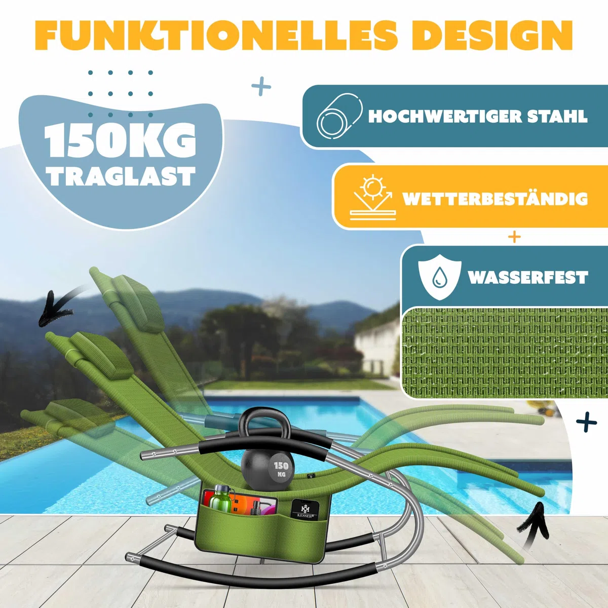 KESSER Lettino da giardino, sedia a sdraio, sedia a sdraio, sedia a dondolo, sedia a dondolo, ergonomica, cuscino resistente alle intemperie, carico di 150 kg, colore cachi