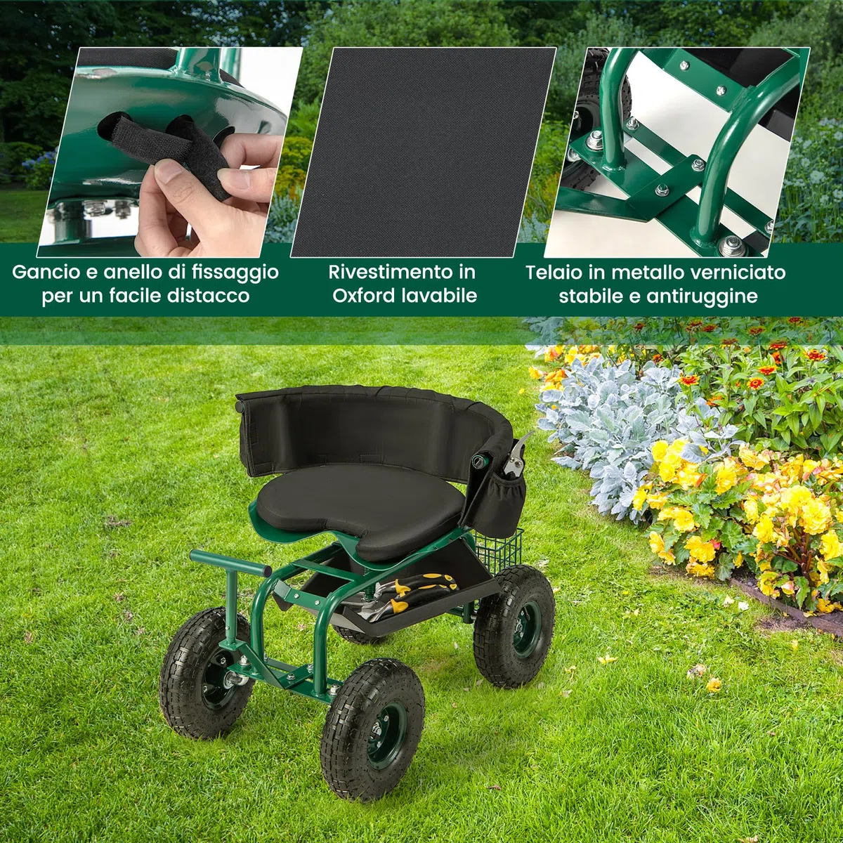 COSTWAY Sgabello per Giardinaggio con Ruote, Carrello da Giardino Regolabile in Altezza con Sedile Girevole a 360, Cuscino, 2 Maniglie di Sterzo e Vassoio Porta Utensili