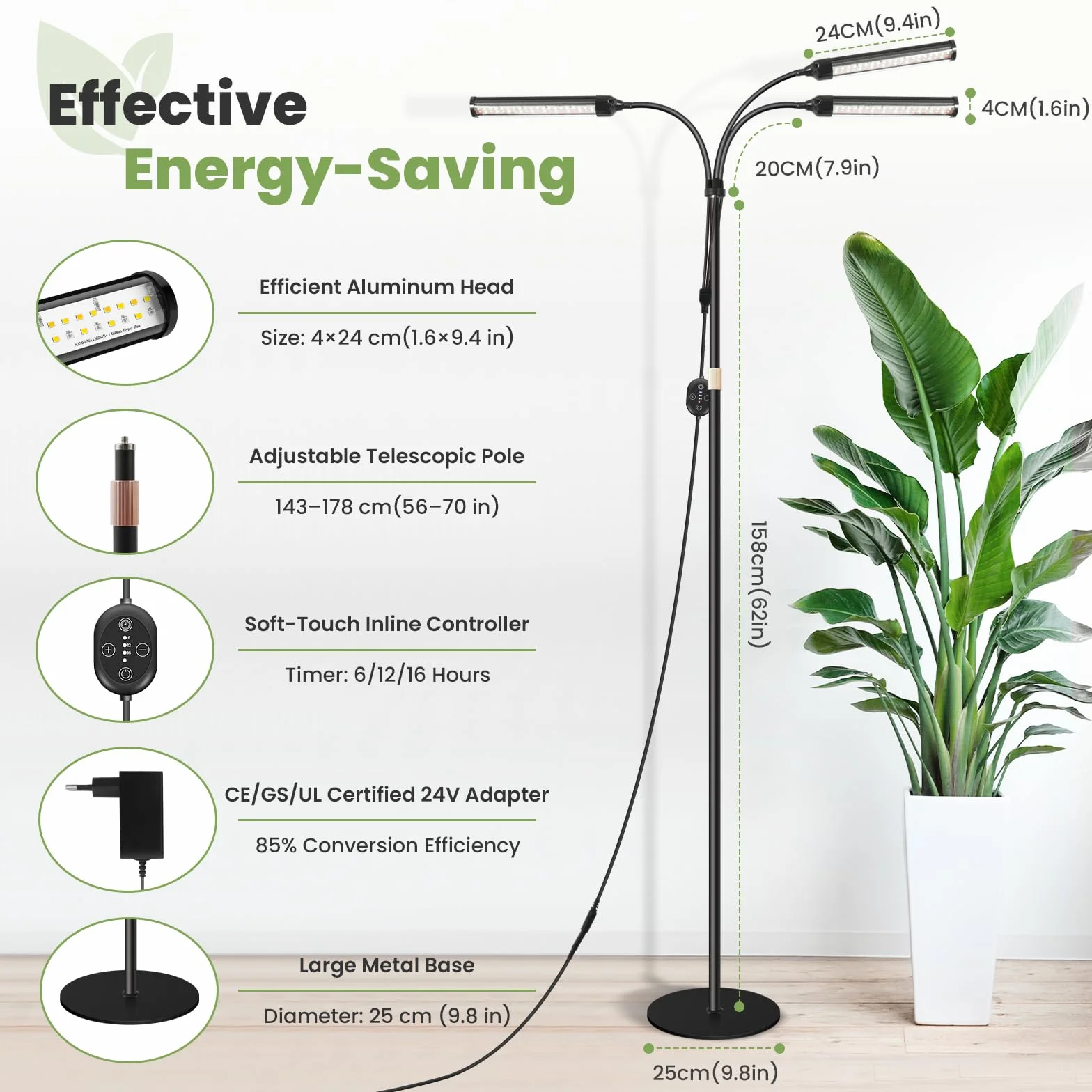 Grande lampada per piante 24V da interno, spettro completo potenziato 660 nm, LED LM281B+, timer e dimmer, altezza regolabile 56–178 cm, base 25 cm, 28W, 560 µmol/m²/s @15 cm