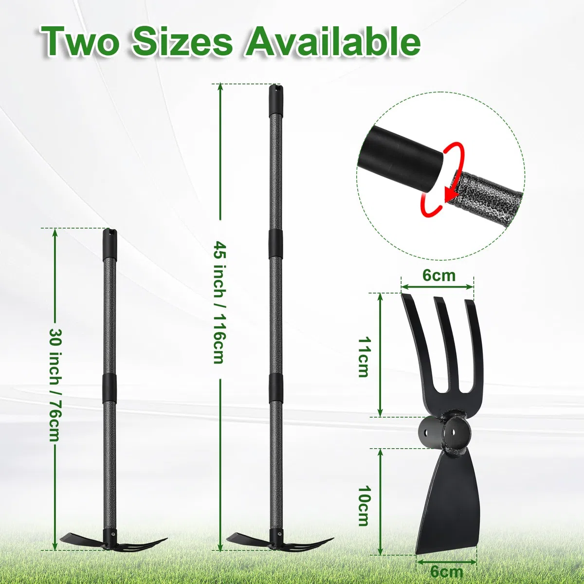 Zappa da giardino con manico in acciaio inox, 76 cm, doppia zappa a 3 zampe, in metallo, per allentare, ventilare e diserbare il terreno