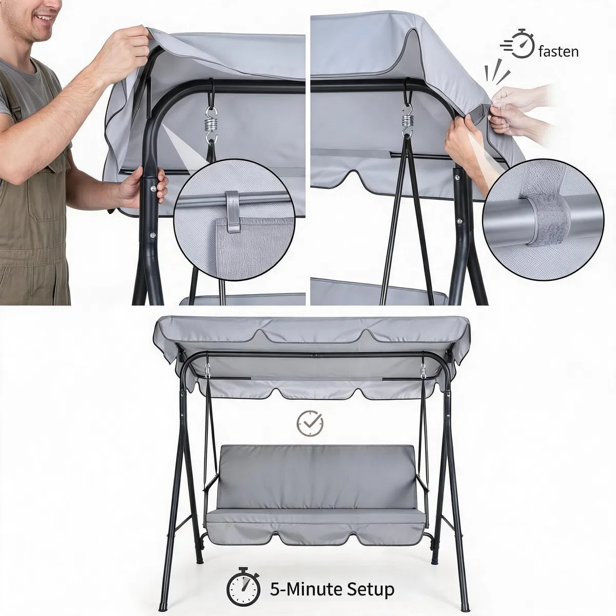 Set di ricambio per dondolo da giardino a tre piedistalli con copertura superiore e coprisedile in tessuto Oxford 210D resistente alle intemperie (grigio, 164 x 114 x 15 cm)