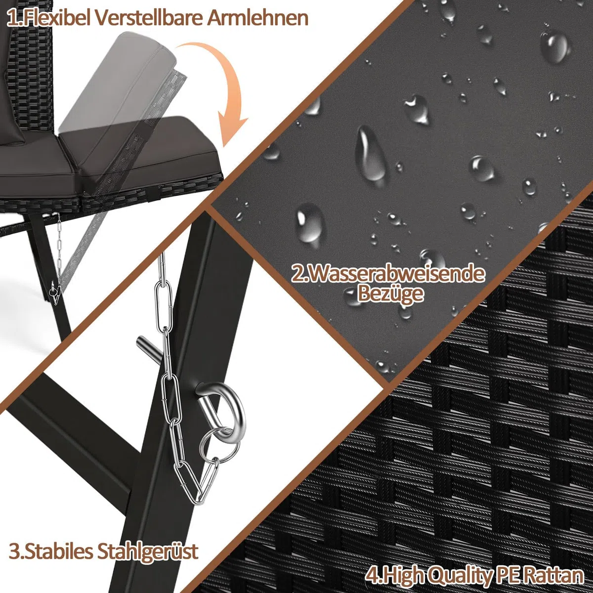 Panchina da giardino in polyrattan 3 in 1 con funzione sdraio, divano da balcone a 2 posti, pieghevole, braccioli pieghevoli, rivestimenti rimovibili, mobili da salotto per giardino, balcone