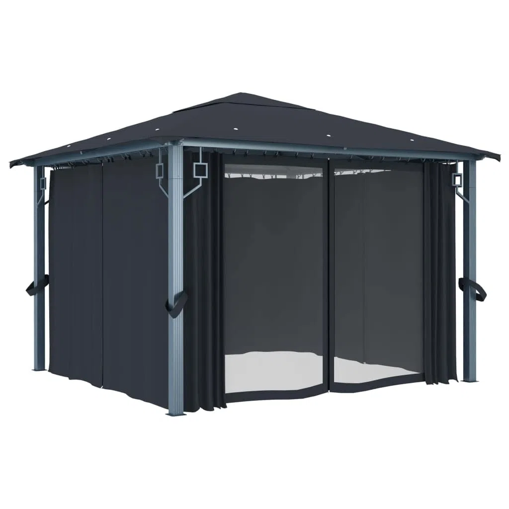 Generico Gazebo con Tende e Luci LED 300x300 cm Antracite in Alluminio,Antracite,39.69kg,3070333