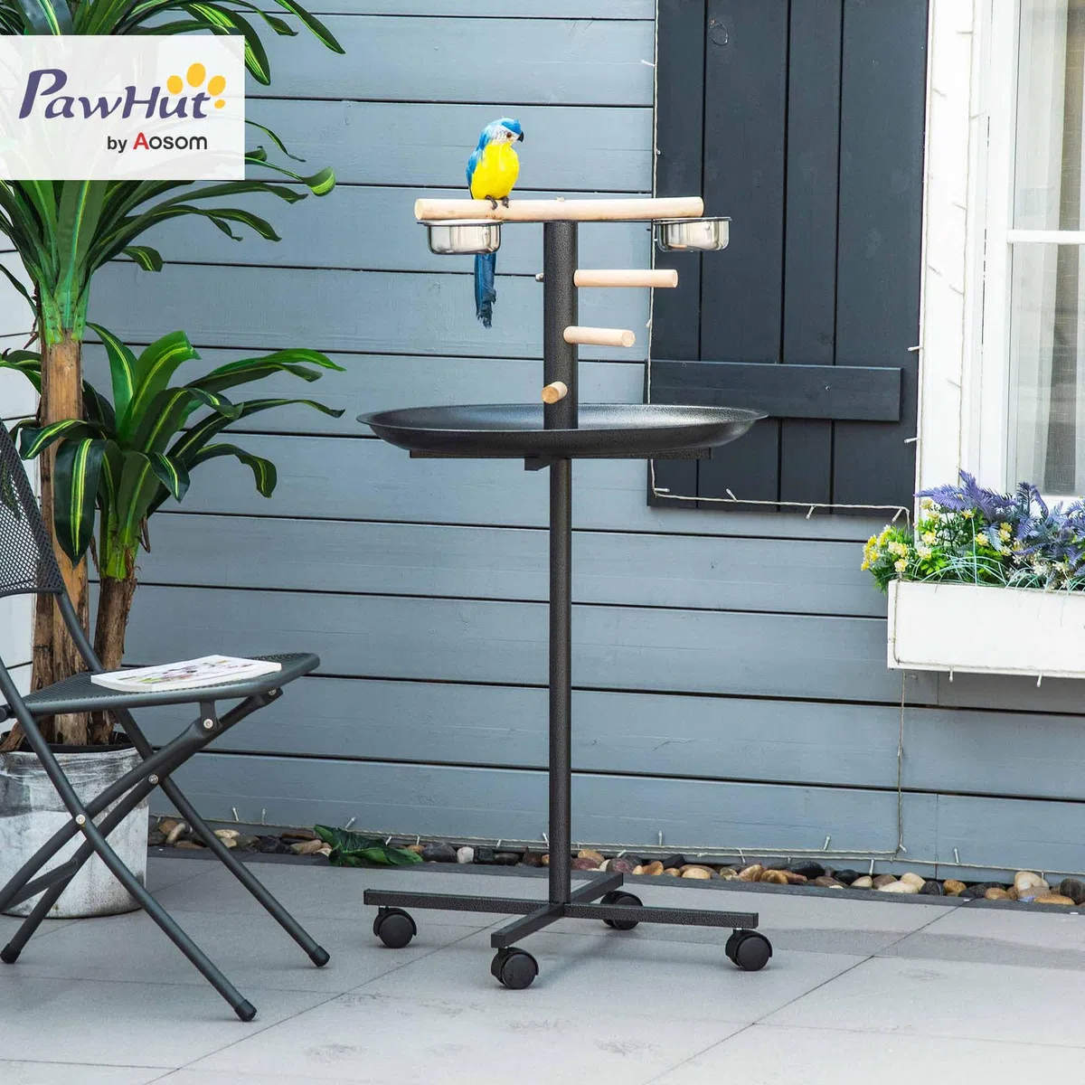 PawHut Trespa Pappagalli Supporto Gioco Metallico Vassoio Rotondo Nero | Tavolo Metallico per Uccelli Stazione Alimentazione, Ciotole in Acciaio Inox, Quattro Ruote