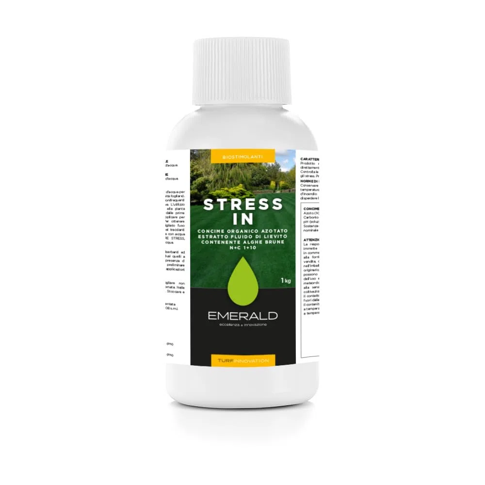 EMERALD STRESS IN, Concime Organico Liquido con Alghe Brune, Biostimolante Naturale, Estratto Fluido di Lievito, Nutrizione e Stimolo della Crescita per Piante e Tappeti Erbosi (1 Kg)