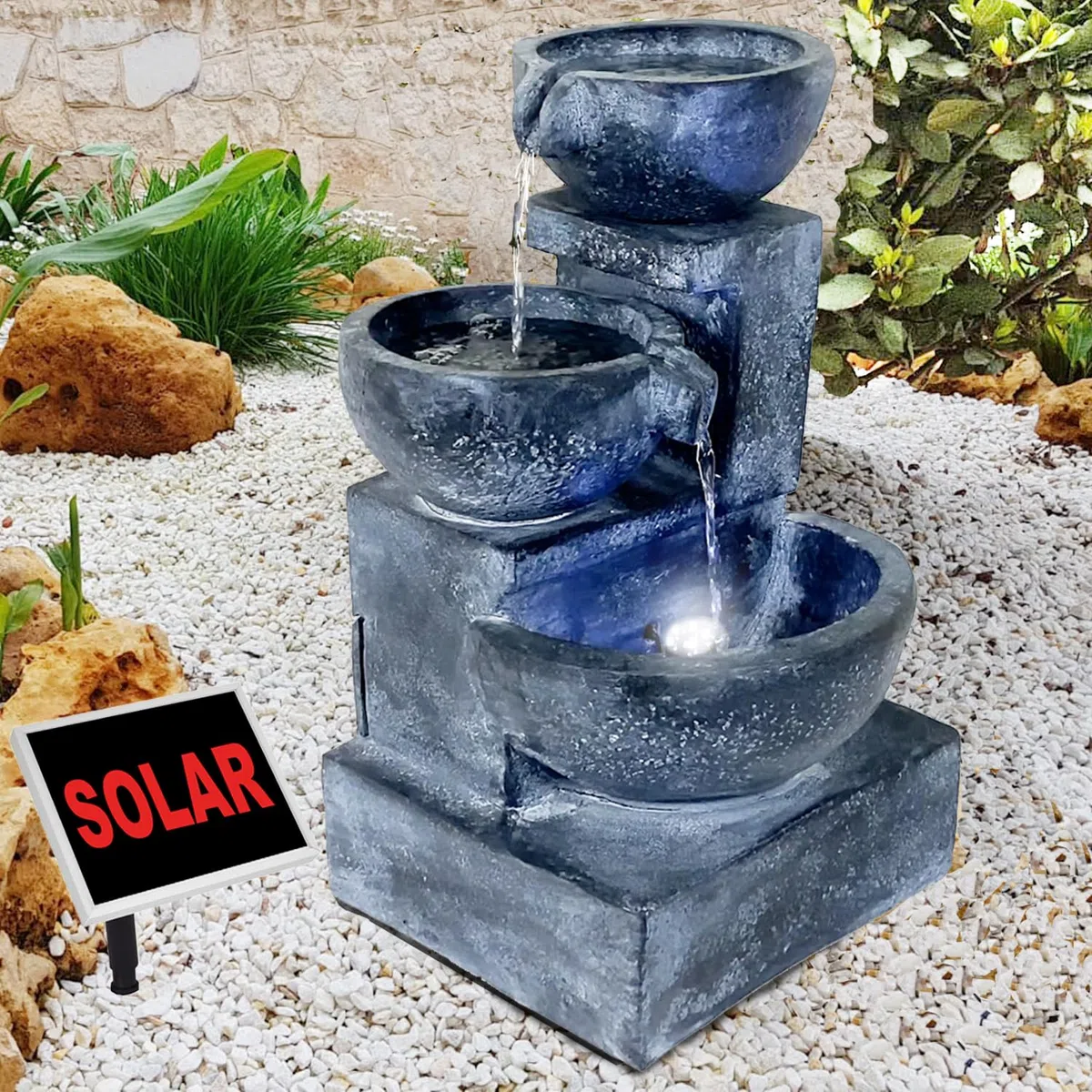Fontana solare da giardino, fontana solare con luce LED, fontana decorativa, cascata, luce da giardino, pompa per laghetto per terrazza con pompe (fontana solare GRANITSCHALEN-Kaskade-3 con luce LED)