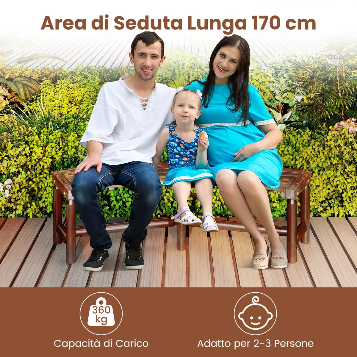 COSTWAY Panchina Curva da Patio, Panchina di Legno Massello per 2-3 Persone, Panca da Fuoco Senza Schienale per Esterni, Giardino e Bordo Piscina, Portata 360 kg (Marrone)