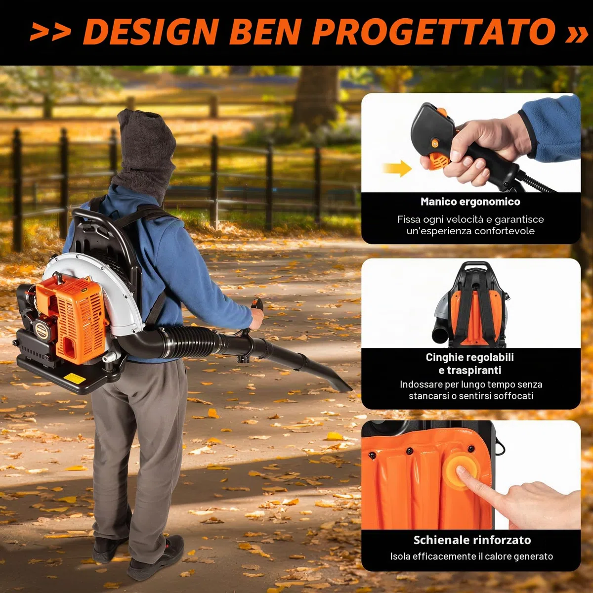 Soffiatore a zaino a benzina da 65 cc, motore raffreddato ad aria, leggero, senza fili, con cinghie di comfort migliorate e attrezzature di sicurezza, per giardino, foglie, polvere e neve