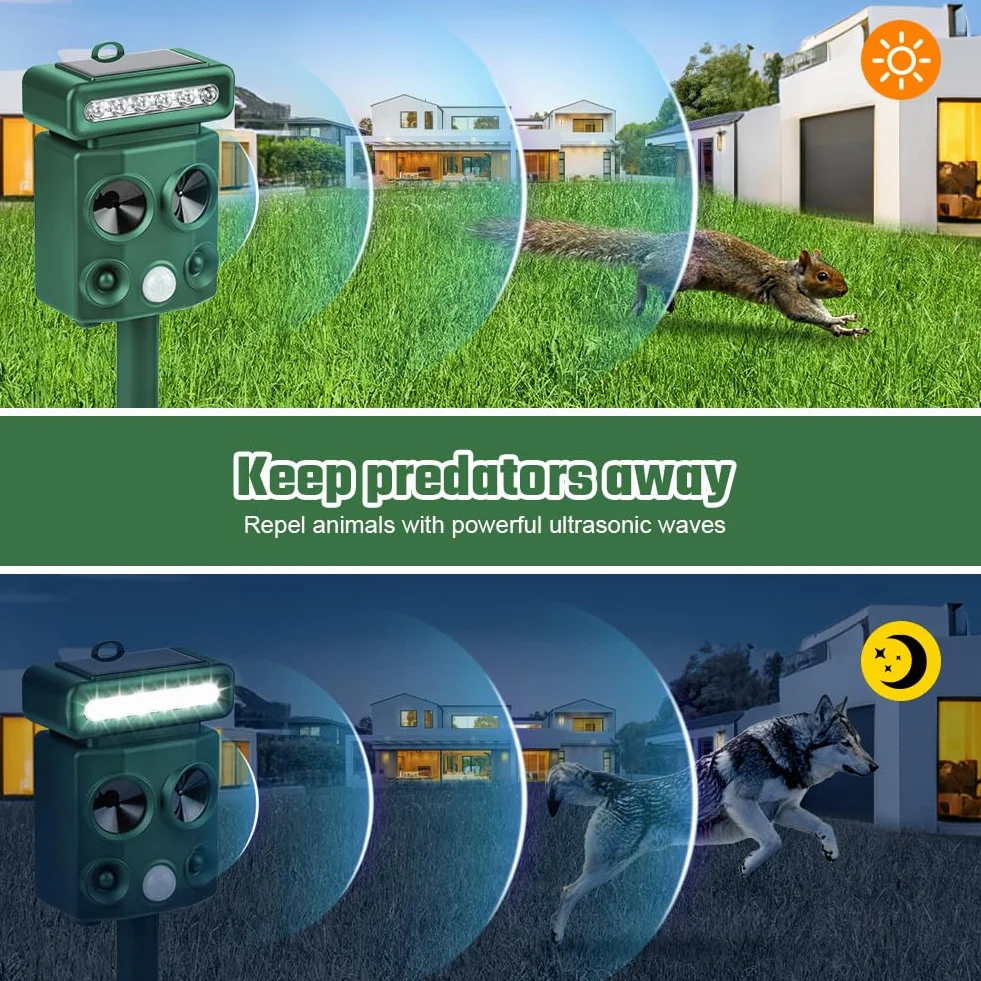 AOOWU Professionale Repellente per Gatti, Ultrasonico Solare Alimentato Animale Deterrente, Repellente per Roditori a Ultrasuoni con Luce Flash a LED, per Cani, Piccioni, Volpi, IP66 Impermeabile