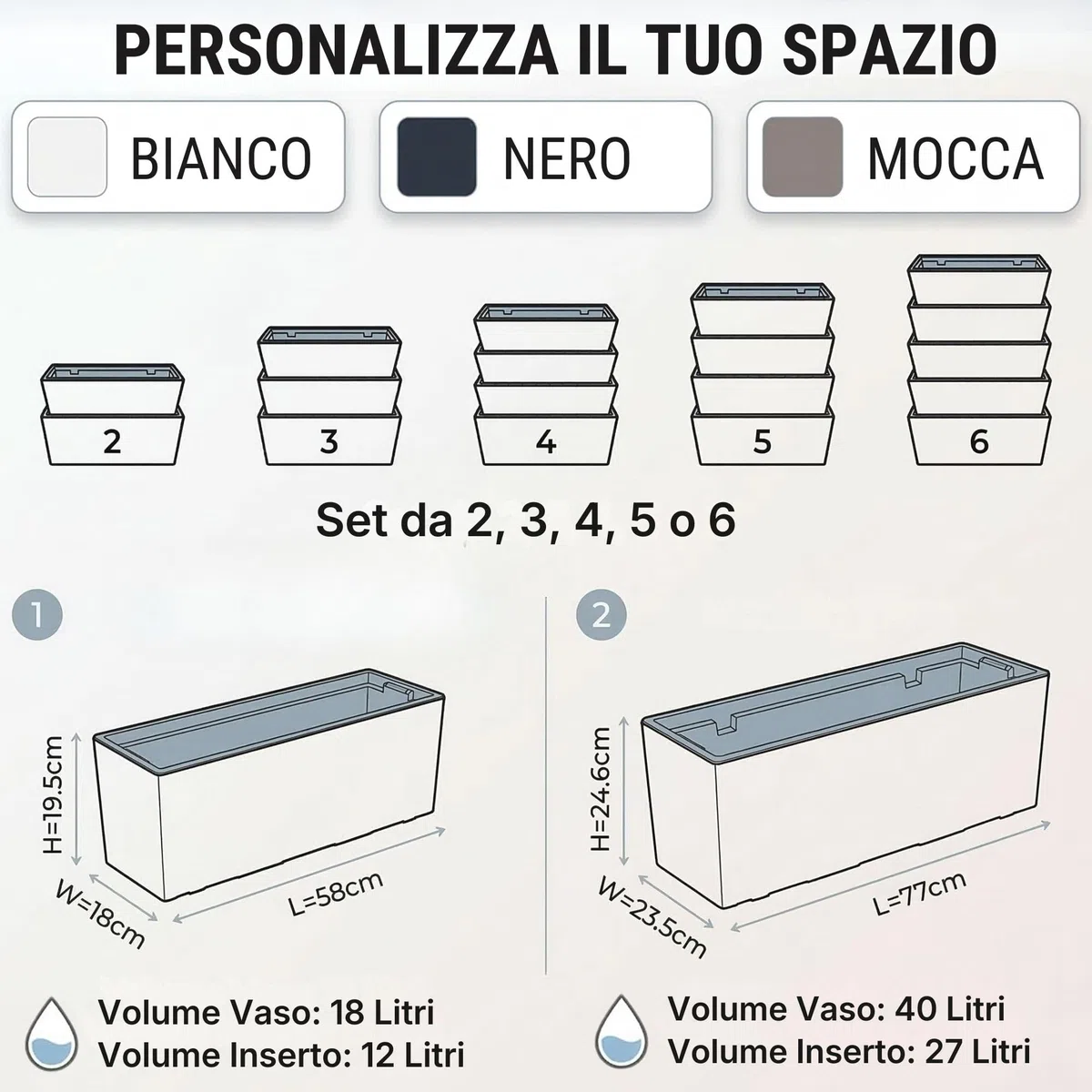 IMJ-Global - Set di 2 Fioriere da Esterno Grandi 77x23,5x24,6cm, Fioriera da Esterno in Plastica Moderni, Vaso da Esterno da Balcone Resistente alle Intemperie Perfette per Arredare Interni (Bianco)