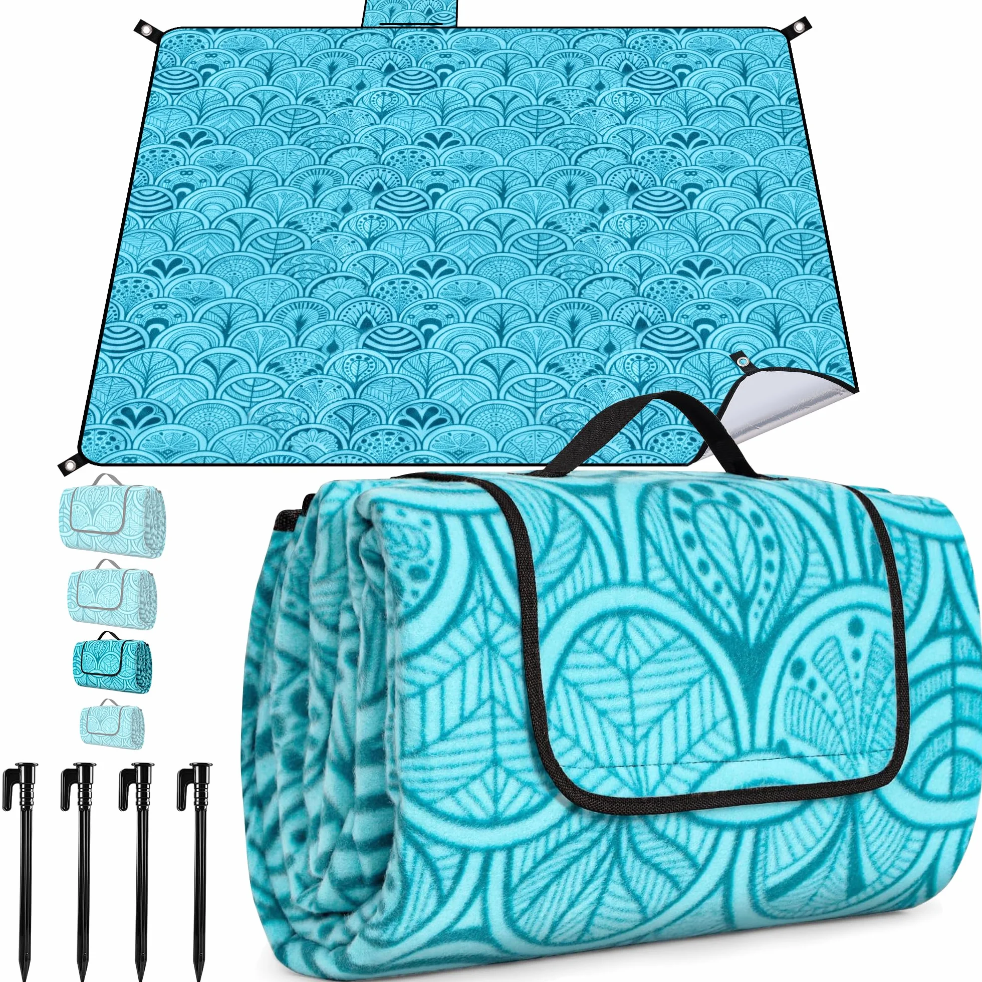 Coperta Picnic Impermeabile 200x200 cm, Telo Picnic Impermeabile, con Maniglia, Lavabile Lavatrice, Pieghevole, Coperta da Spiaggia Picnic, Tappetino da Picnic per Spiaggia, Viaggi, Campeggio