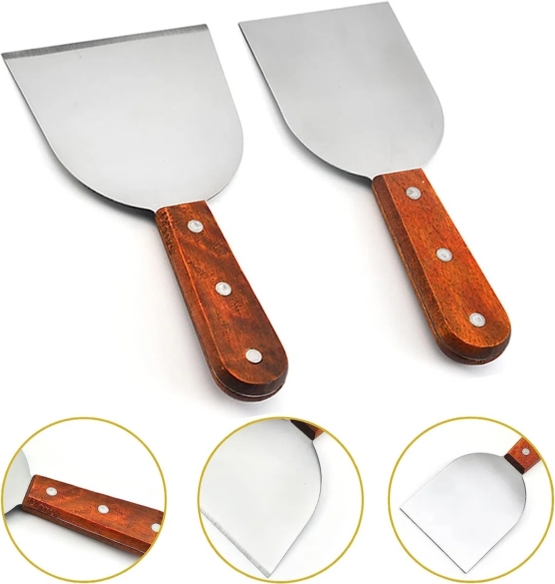 Set di 2 spatole per hamburger, in acciaio inox, spatola con manici in legno, spatola plancha, raschietto professionale, spatola per barbecue teppanyaki, bistecche, pizza