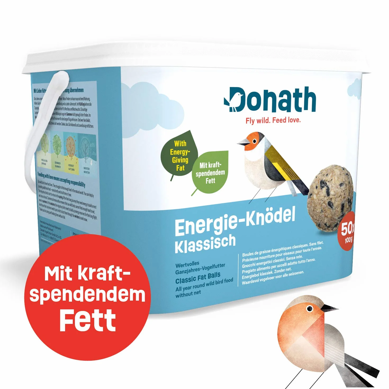 Donath gnocco energetico classico per cince - senza rete - 100g l’uno - con grasso energizzante - cibo per uccelli selvatici adatto tutto l’anno - dalla nostra manifattura nel sud della Germania