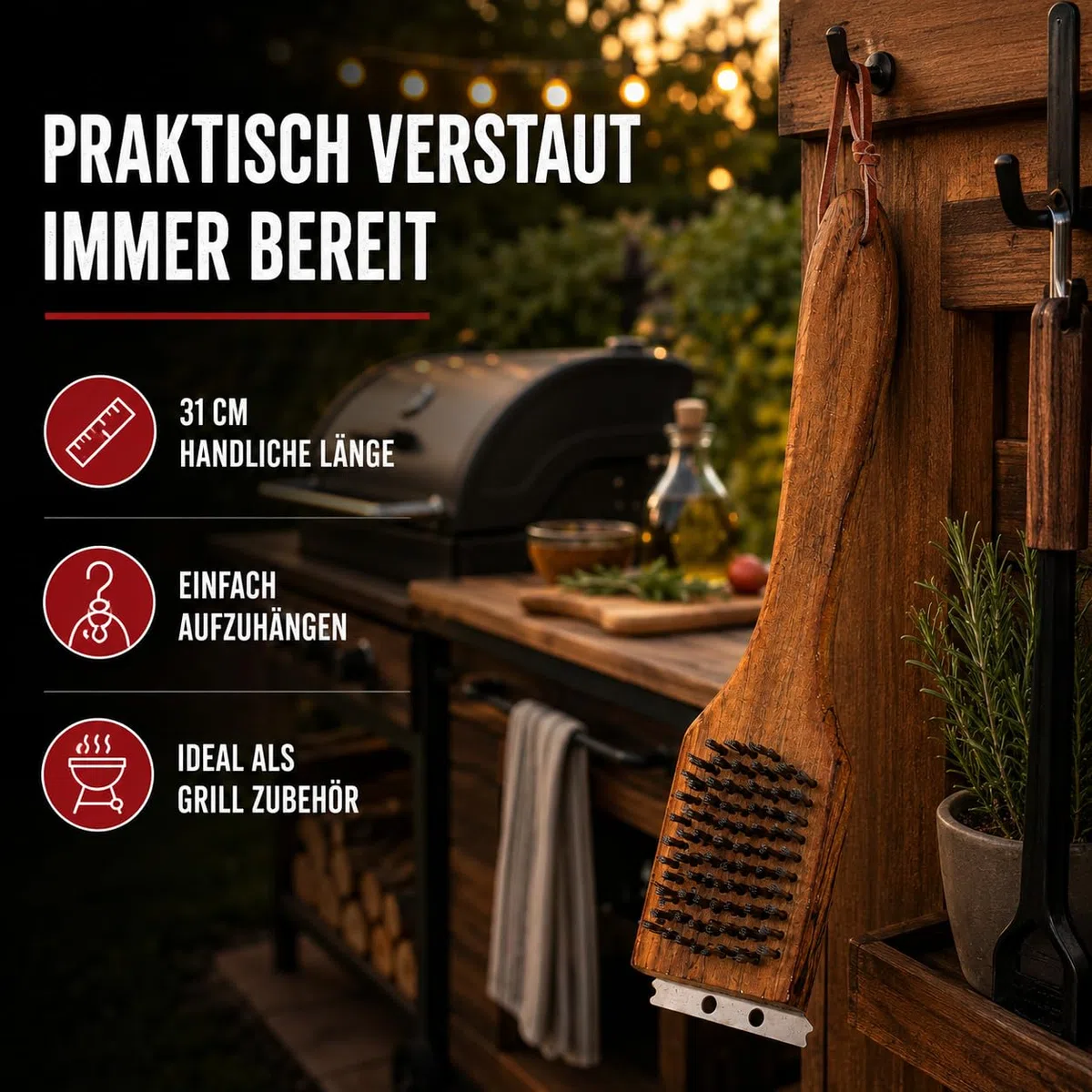 Kyto Spazzola per la pulizia del barbecue, manico in legno, 31 cm, accessorio per barbecue, spazzola in acciaio