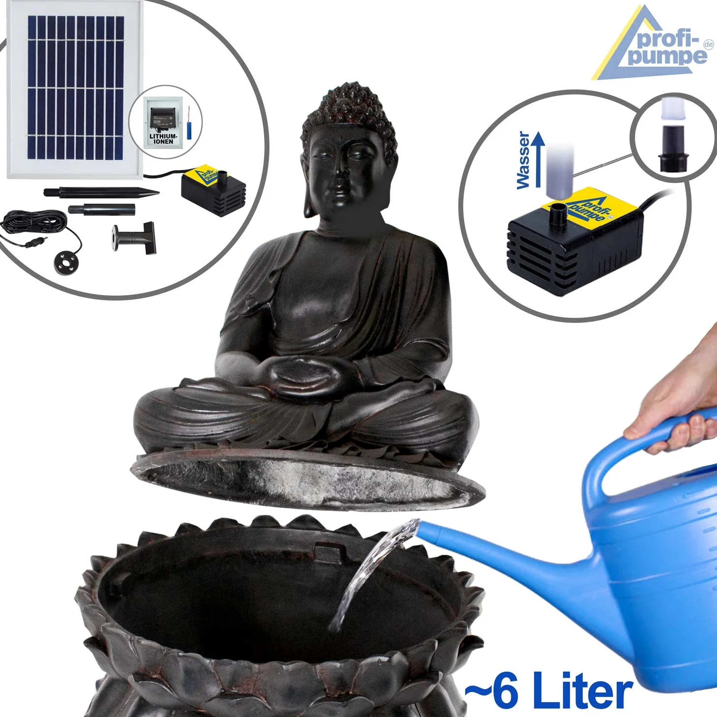 Fontana da giardino, fontana decorativa, fontana da interno, fontana, cascata, giochi d'acqua per giardino, laghetto da giardino (fontana solare BUDDHA-ETERNITY con luce LED)