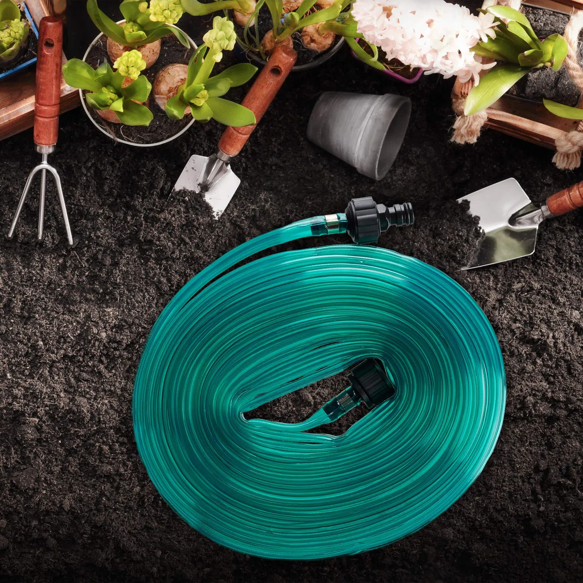 Relaxdays Tubo Flessibile per l'Acqua, per l’Annaffiamento di Piante in Giardino, con Fori, con Connettore, 8,2 m, Verde
