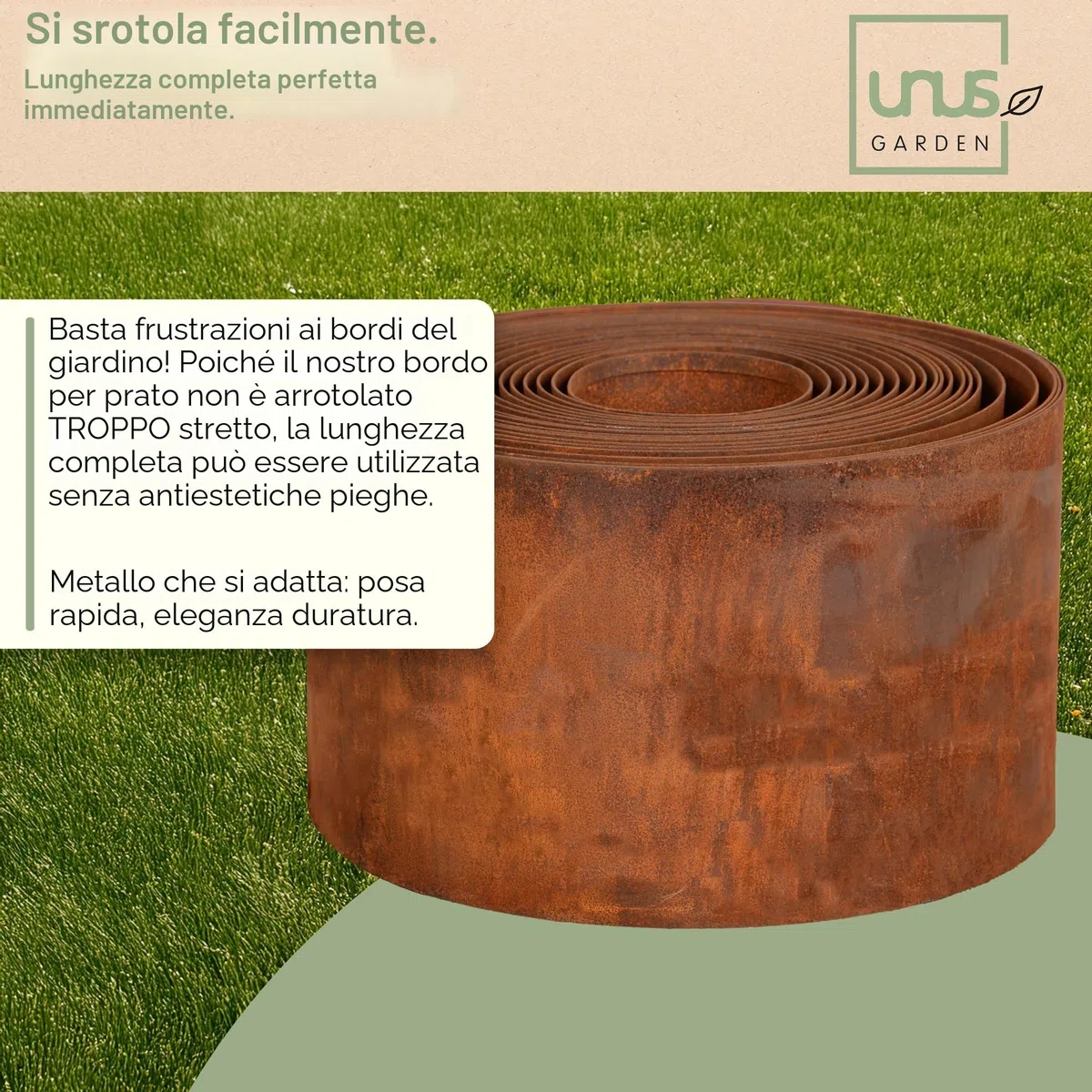 UNUS Bordo per prato, in acciaio corten, liscio, 10 m x 10 cm, flessibile, effetto ruggine, per aiuole, prati e sentieri
