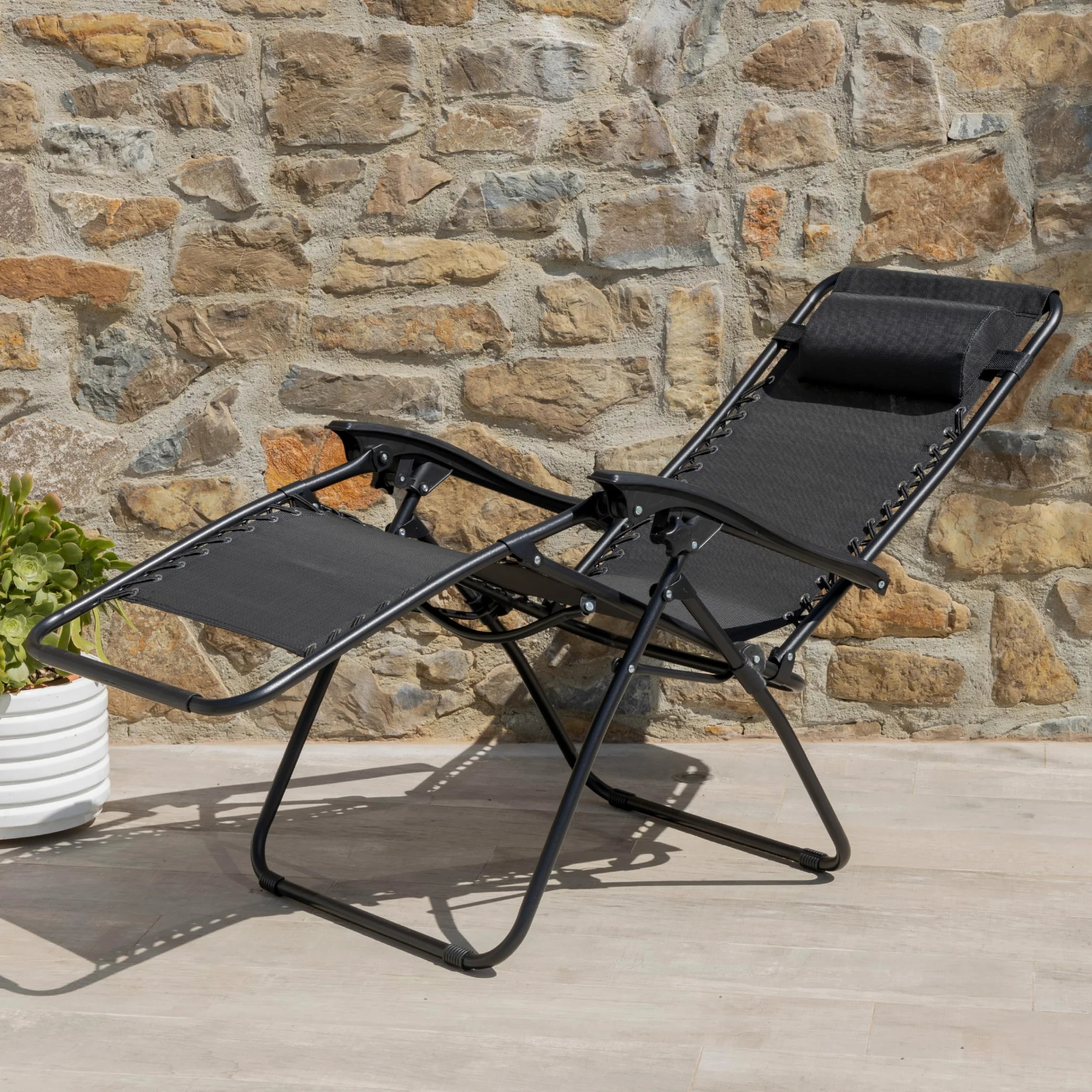 Baroni Home Sedia Sdraio Zero Gravity da Giardino, Chaise Longue Pieghevole da Esterno, Sdraio Salvaspazio per Piscina e Terrazzo, Poltrona Relax, 165x65x93 cm Nero